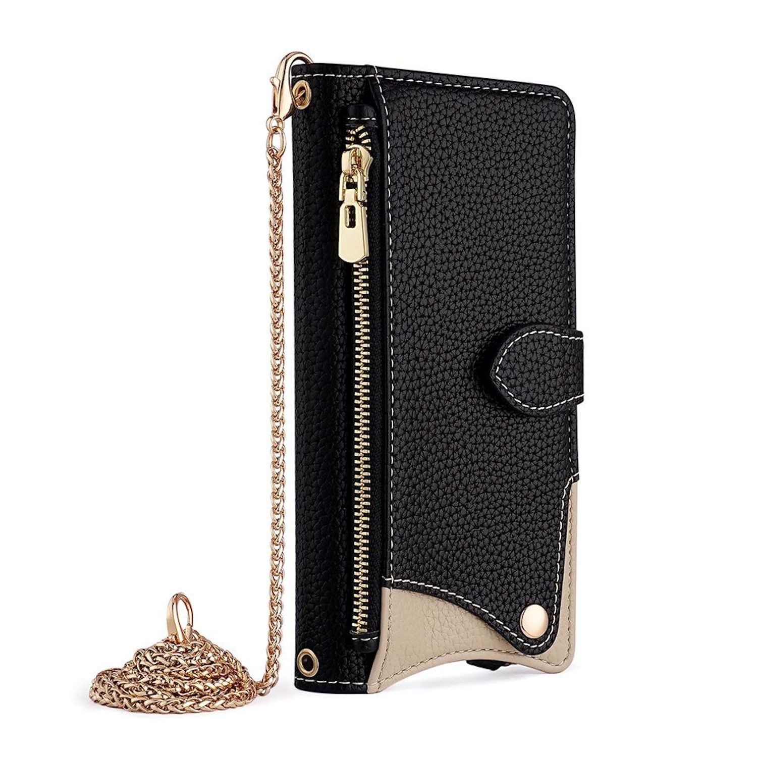 Wigento Handyhülle Für Samsung Galaxy XCover 7 Pro Crossbody Kunstleder Tasche Schwarz, Wallet Case mit Spiegel, Kartenfächern und Umhängekette