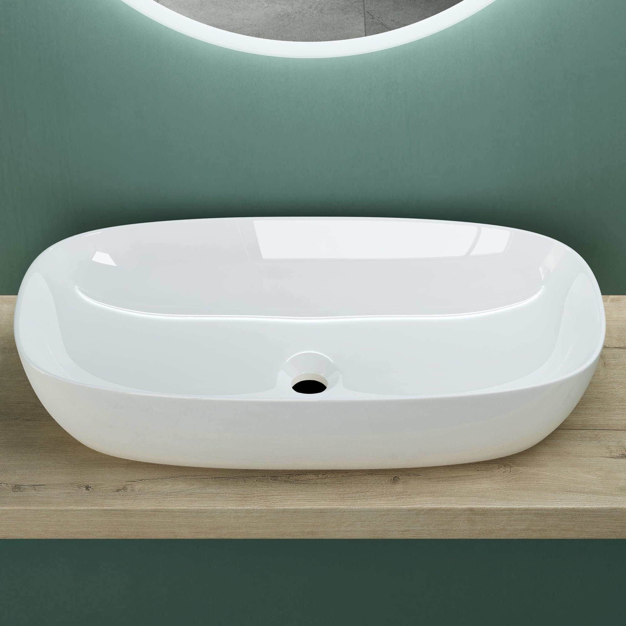 Mai & Mai Aufsatzwaschbecken Waschschale Waschbecken aus Keramik Oval Nano-Beschichtung Br104, Abfluss nach DIN-Norm