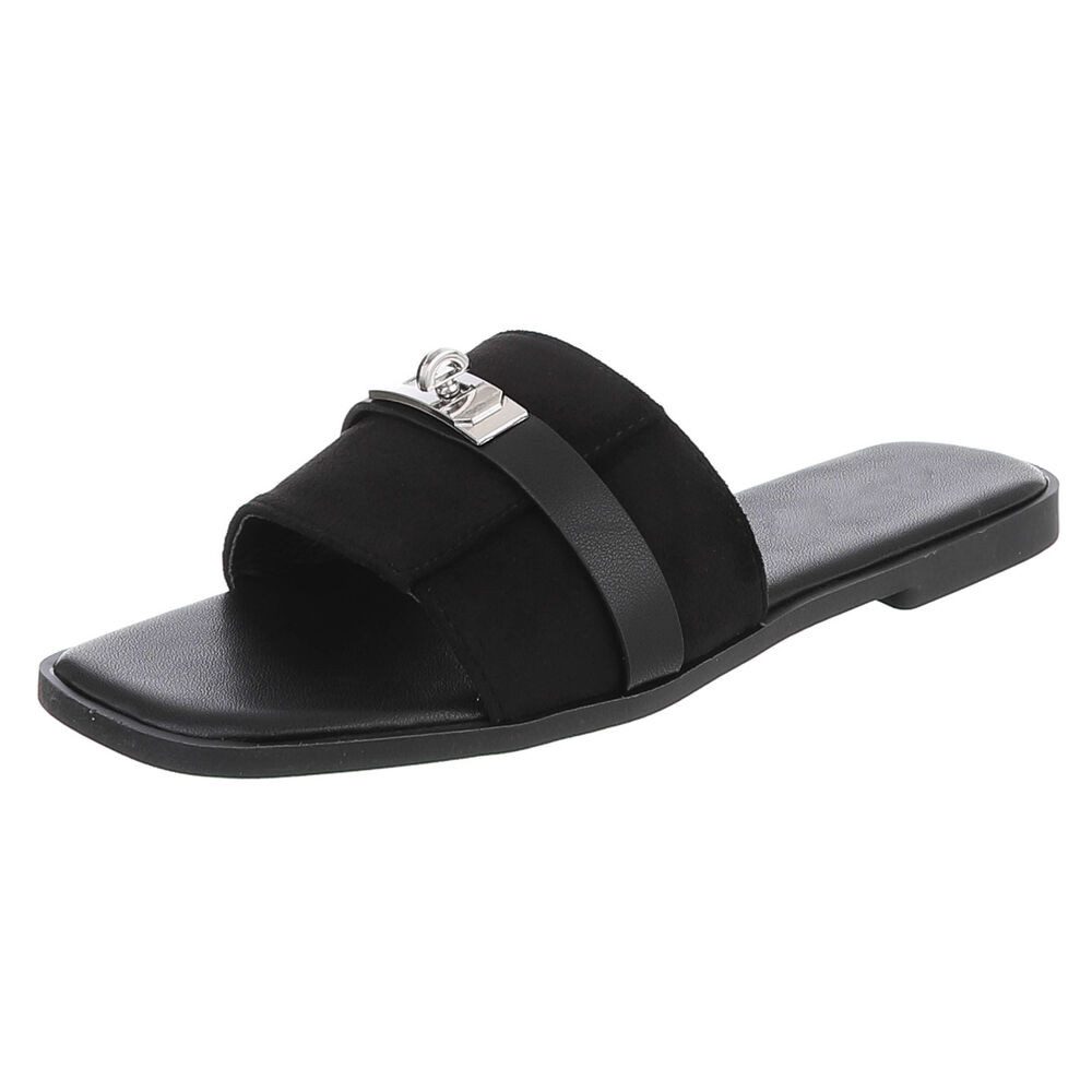 Ital-Design Damen Pantolette mit Metall-Detail und flachem Fußbett Pantolette (91742332) Blockabsatz Pantoletten in Schwarz