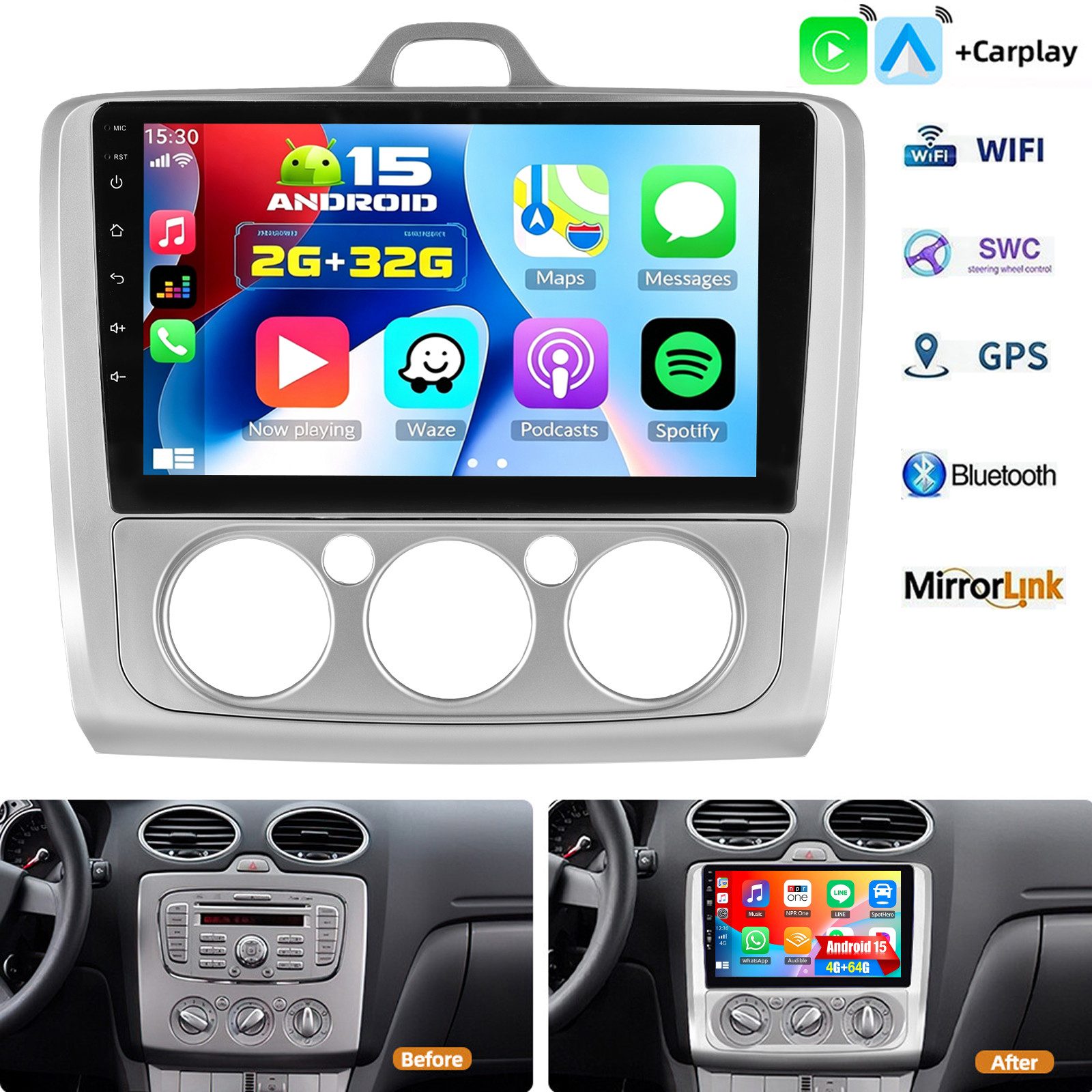 ESSGOO Für Ford Focus MK2 MK II 2004-11 Android 15 Autoradio Carplay Navi GPS Autoradio (RDS, 4+128GB(optional), 4+64GB(optional), FM, GPS, 1280*720, DAB+ (optional), SWC, Apple Carplay & Android Auto,Bluetooth,ASP)