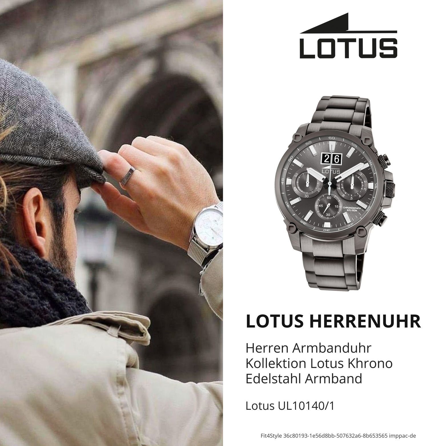 Lotus Chronograph LOTUS Herren Uhr Sport 10140/1 Edelstahl, Herren  Armbanduhr rund, groß (ca. 45mm), Edelstahlarmband schwarz | Quarzuhren