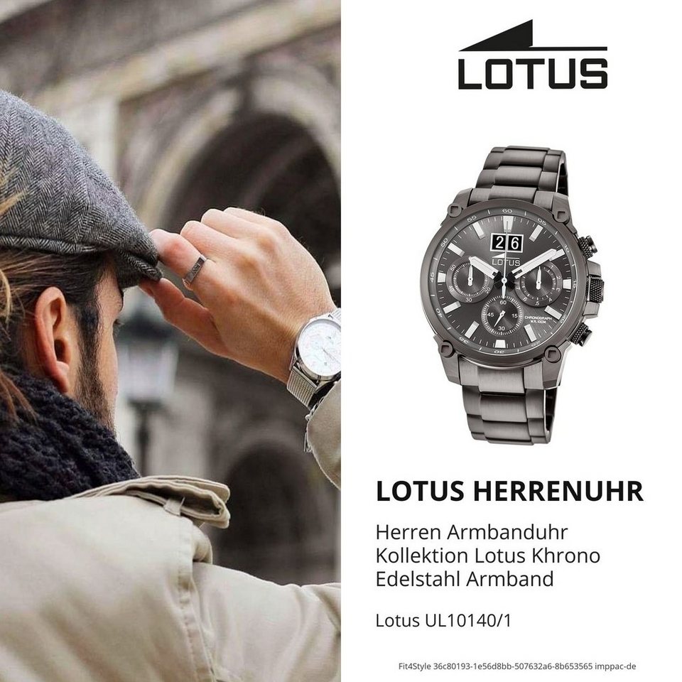 Lotus Chronograph LOTUS Herren Uhr Sport 10140/1 Edelstahl, Herren  Armbanduhr rund, groß (ca. 45mm), Edelstahlarmband schwarz