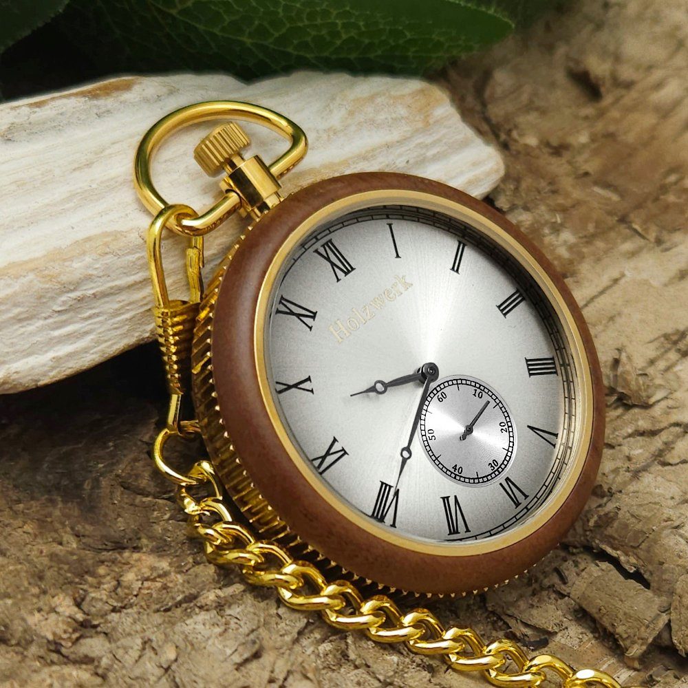 Holzwerk Taschenuhr HANNOVER 2 in 1 Holz Tisch Uhr, Kette & Etui, Braun, silber, Gold, (Set, inkl. Kette)