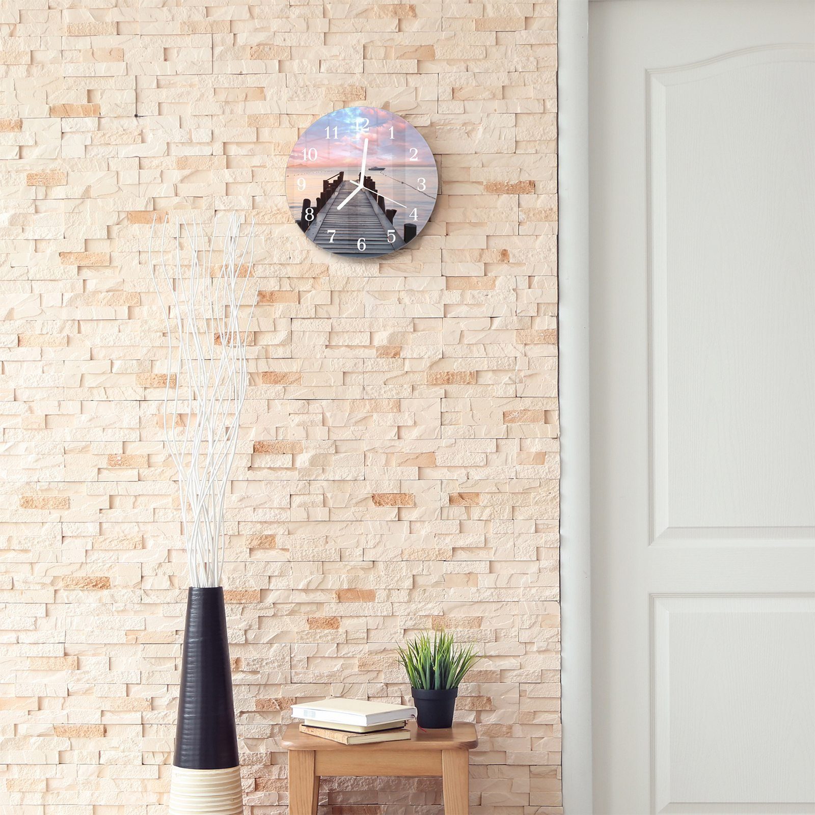 Primedeco Wanduhr Wanduhr aus Glas und Durchmesser cm im Steg Motiv Sonnenuntergang - mit Rund mit Quarzuhrwerk 30