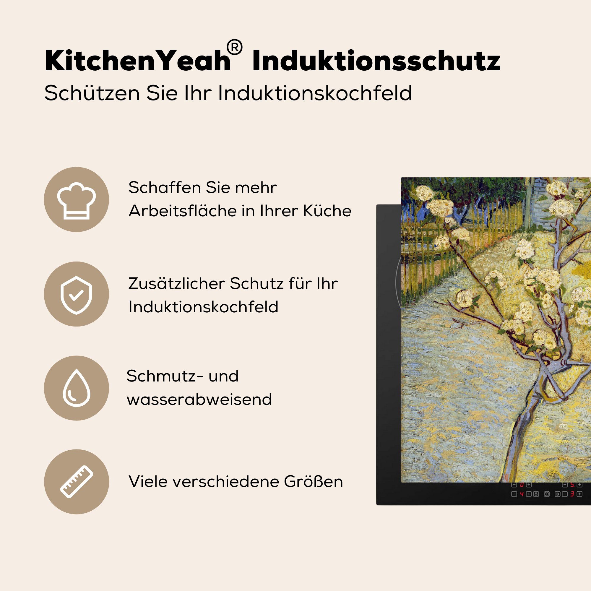 - für (1 Arbeitsplatte Birnbaum MuchoWow 78x78 Gogh, Ceranfeldabdeckung, Gemälde van von tlg), Herdblende-/Abdeckplatte cm, küche Vincent Blühender Vinyl,