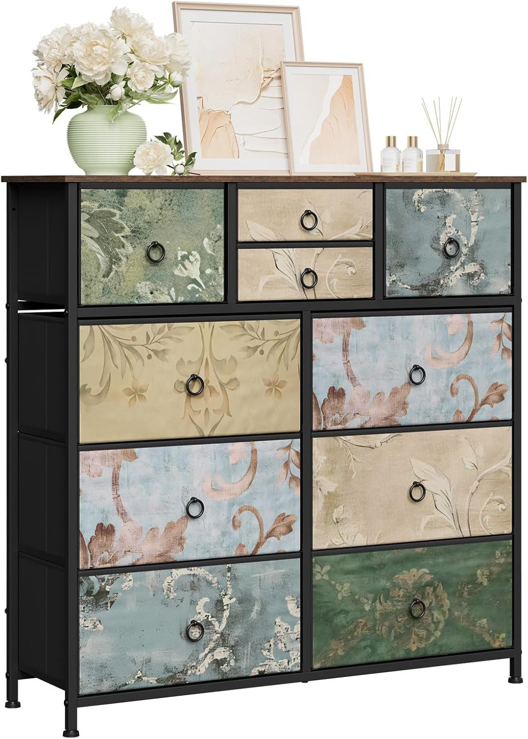 Woltu Kommode, mit 10 Schubladen aus Stoff, Metallrahmen, mit Vintage-Blumenmotiv