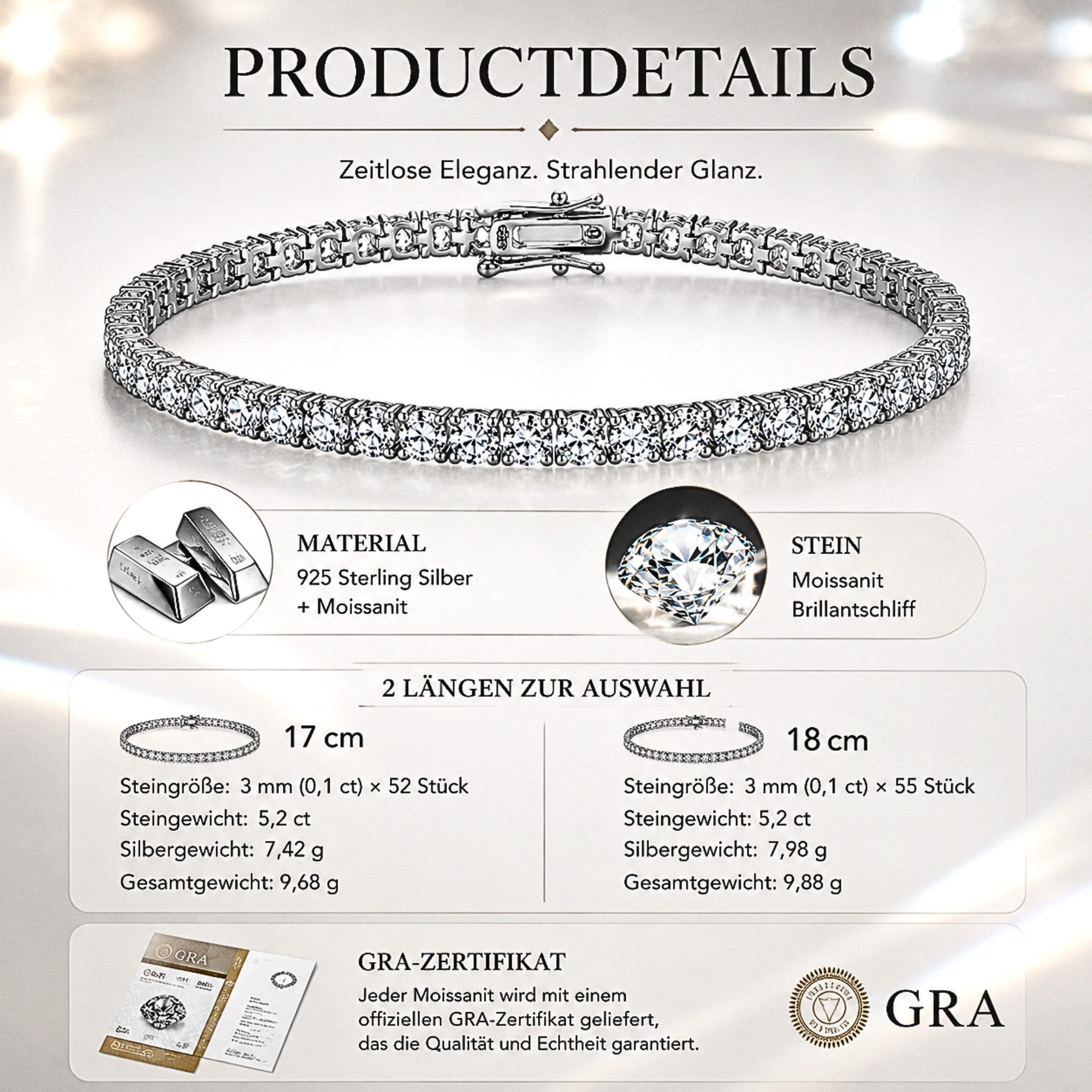 UNIQAL.de Tennisarmband Damen 925 Sterling Silber mit Moissanit im Diamant-Look 5,5 Karat (VVS1 · Weißgold plattiert · 55 Rund-Brillant Steine 3mm, hypoallergen · Luxus Schmuck Geschenkbox), GRA-Zertifikat, Armkette Geschenk für Damen