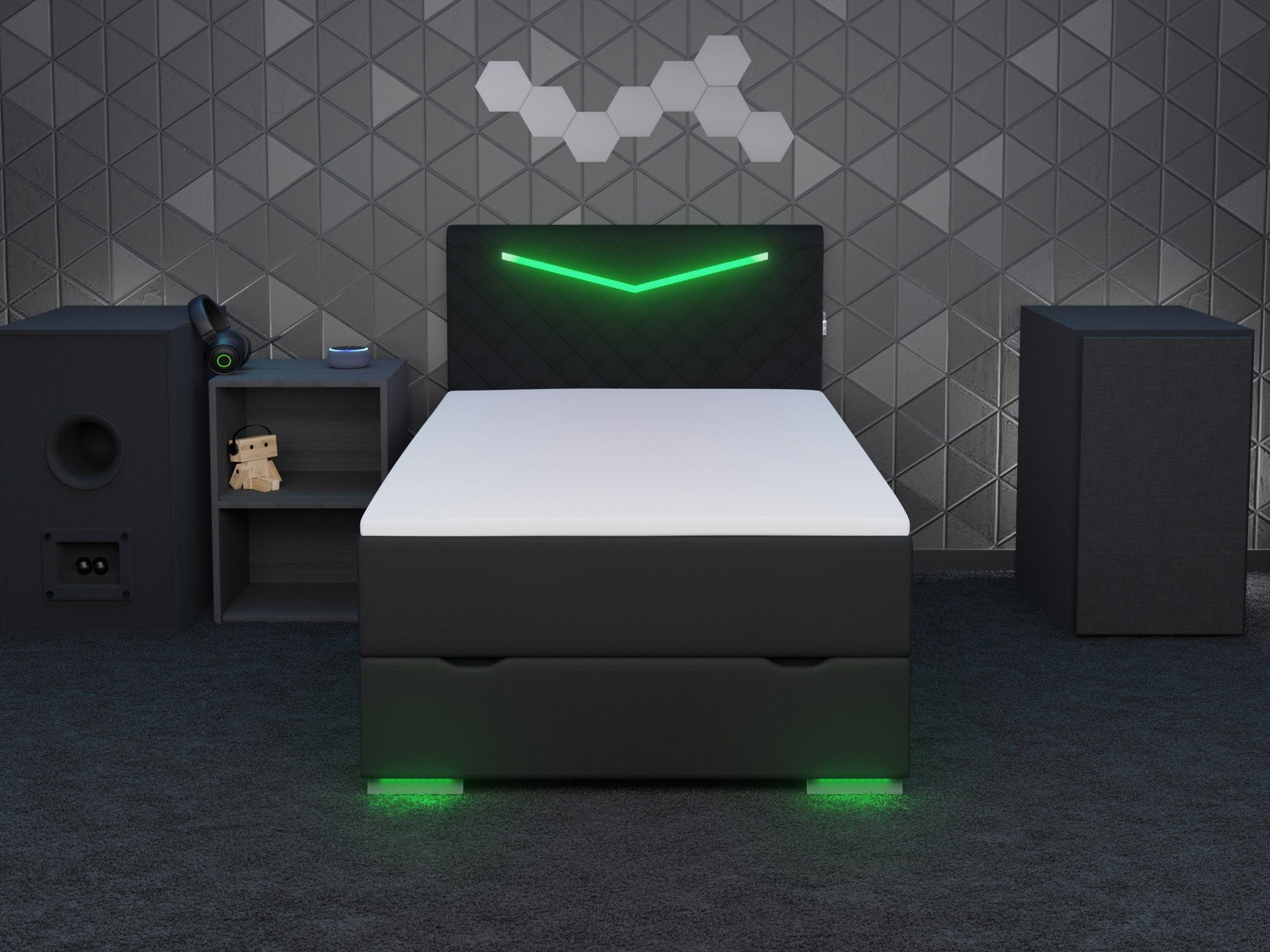 Gamingbett Dacota, schwarz und Boxspringbett Topper LED-Beleuchtung, Bettkasten, wonello USB-Anschluss mit