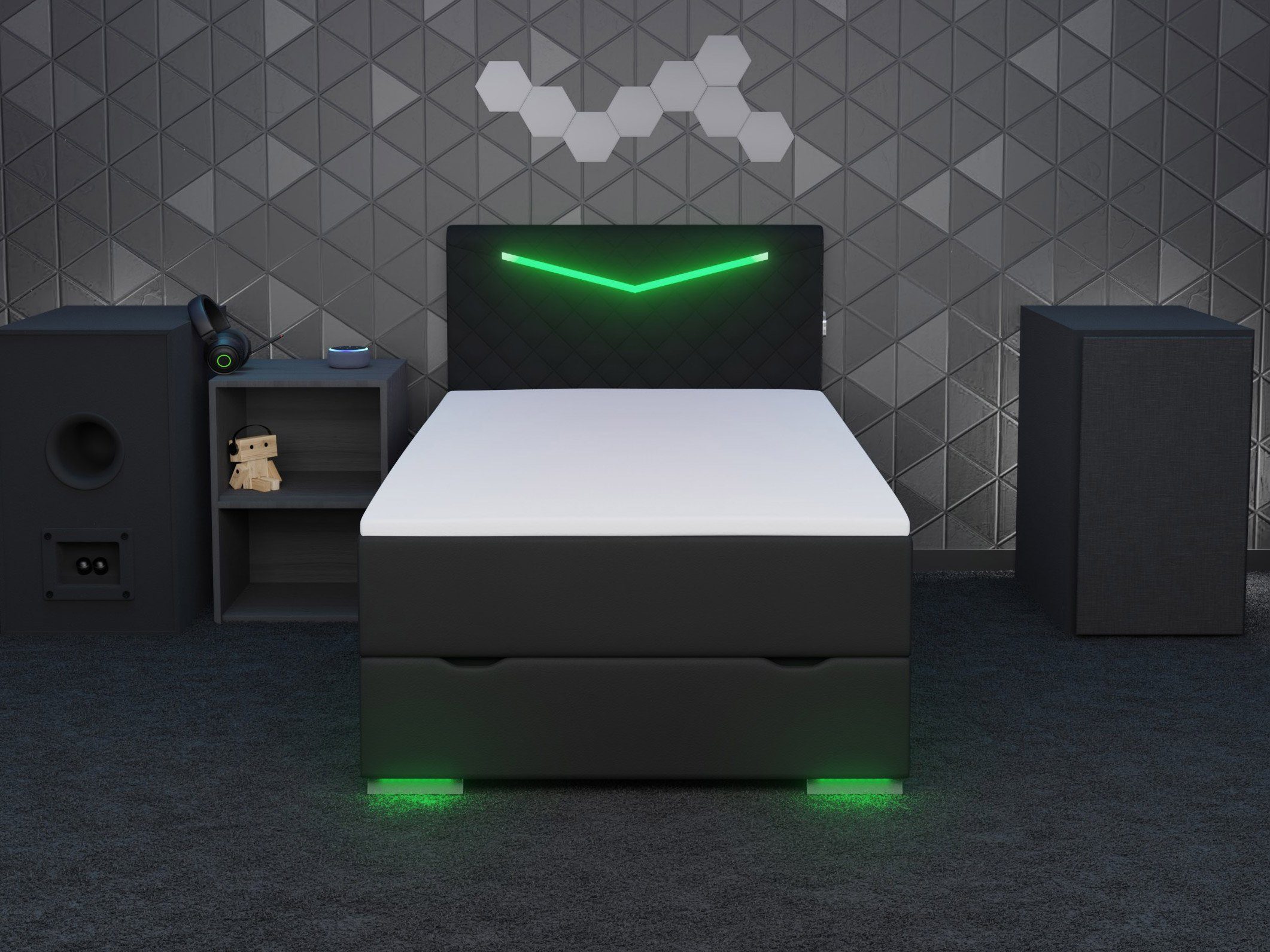wonello Boxspringbett Dacota, Gamingbett mit LED-Beleuchtung, Bettkasten, U günstig online kaufen