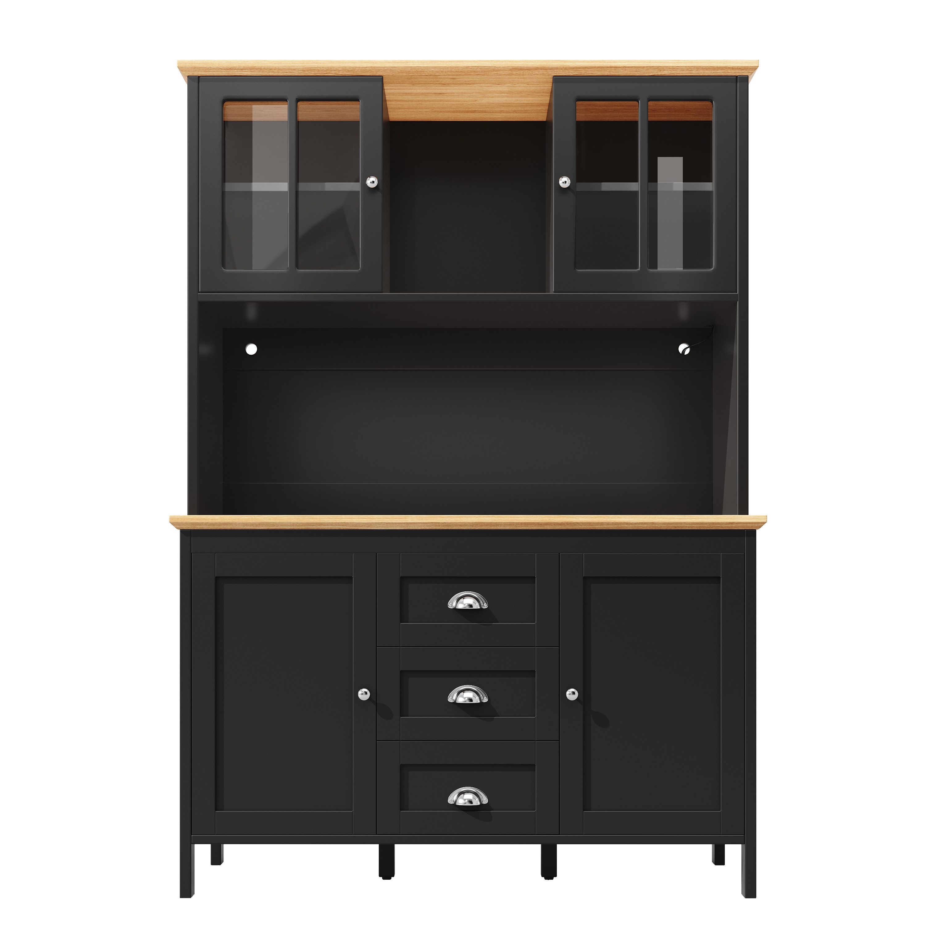 Flieks Küchenbuffet mit LED-Beleuchtung, Schubladen und Glastüren in Retro-Stil (1-St., B120/T40/H179 cm) Hochschrank Küchenschrank Geschirrschrank mit verstellbare Ablagen