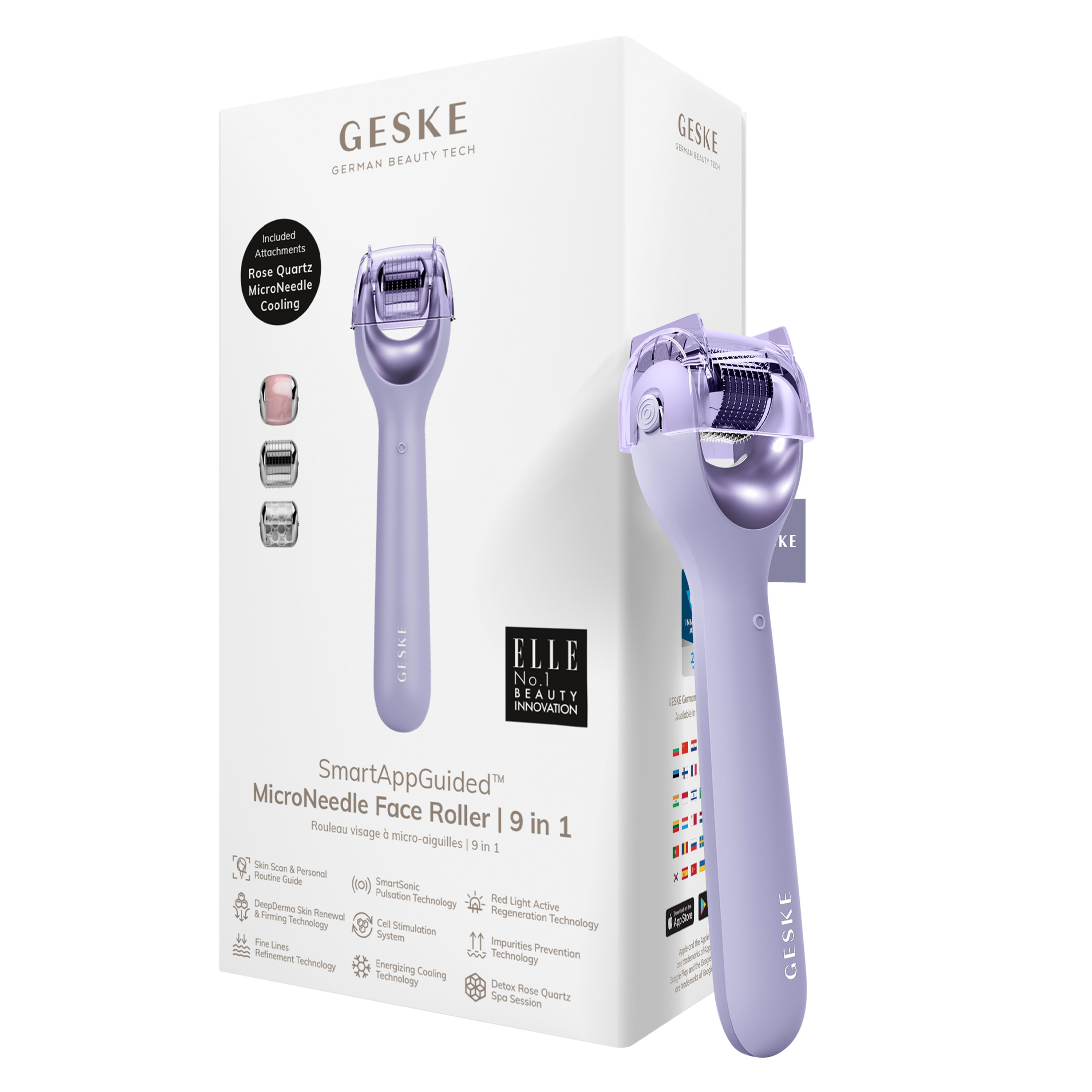 GESKE German Beauty Tech Micro-Needling SmartAppGuided™ MicroNeedle Face Roller 9 in 1, Packung (Gerät & USB-Ladekabel), 2-tlg., Gerät inkl. kostenloser APP (SmartAppGuided Device), Mit der GESKE App erhältst Du deine personalisierte Hautpflegeroutine. Purple