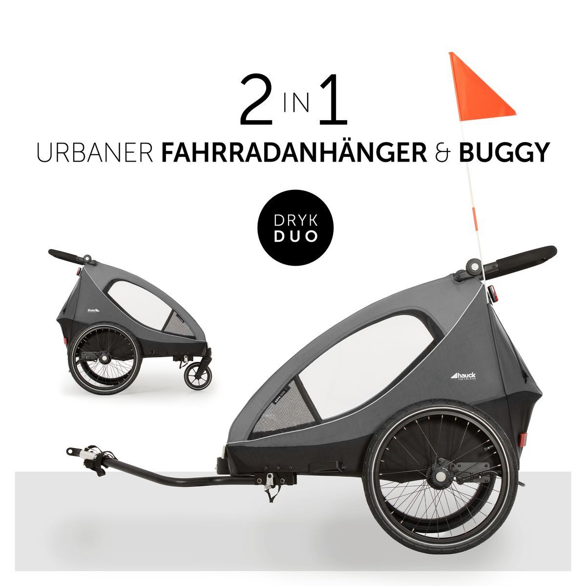 Hauck Fahrradkinderanhänger Dryk Duo - Grey, 2in1 Fahrradanhänger Buggy für 2 Kinder mit Baby Lounger & Schutzpaket – Bild 4 von 5