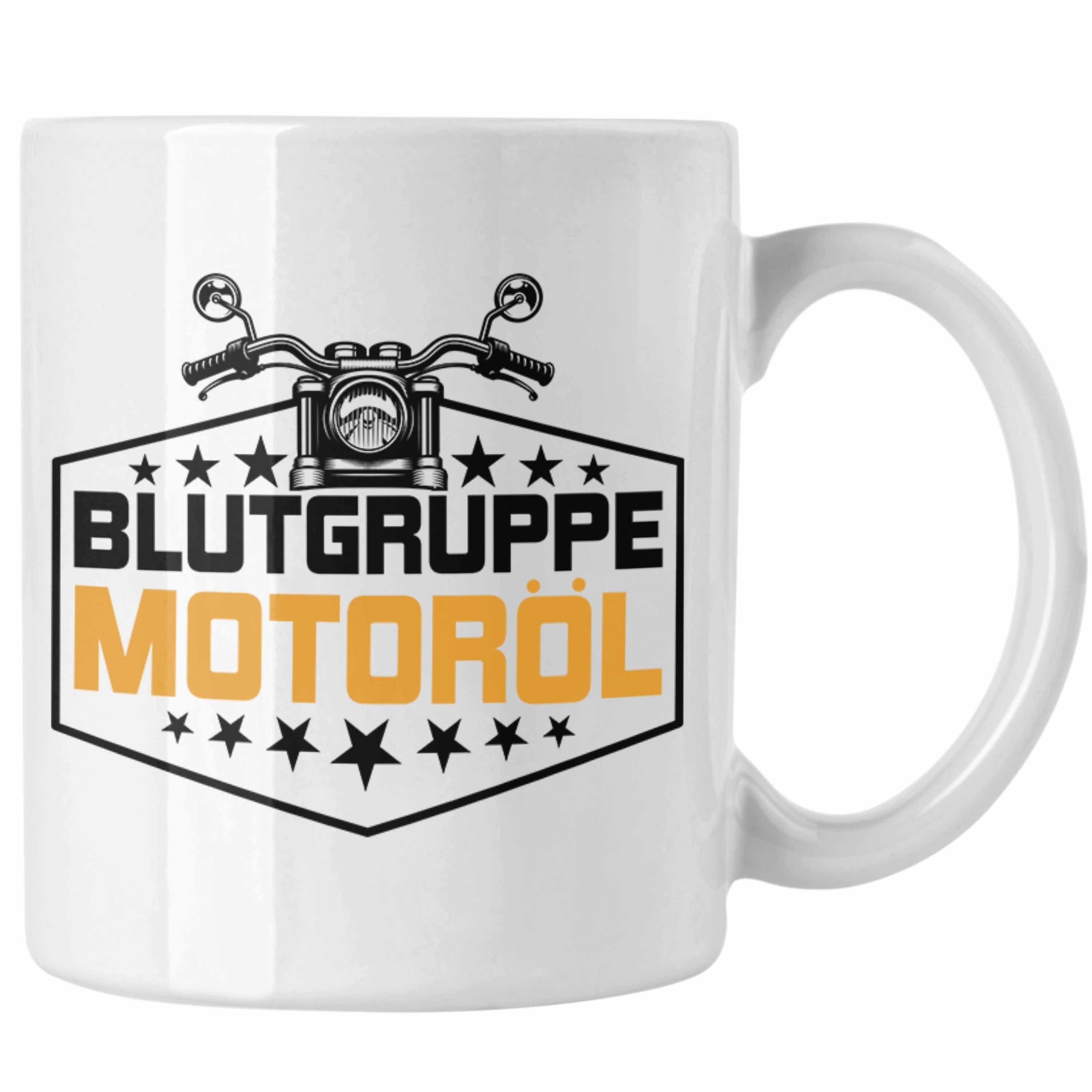 Trendation Tasse Trendation - Blutgruppe Motoröl Tasse Geschenk für Motorradfahrer Geschenkidee Biker Weiss