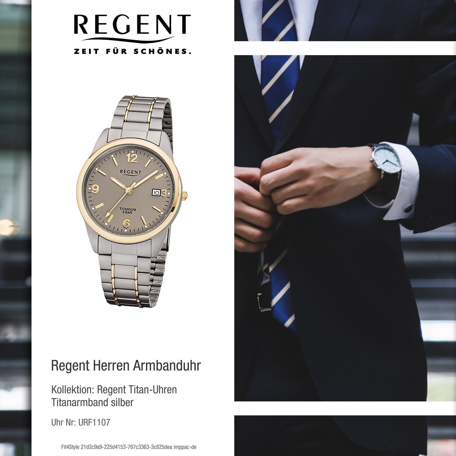 Regent Quarzuhr Regent Herren-Armbanduhr mittel rund, (ca. silber grau Titanarmband Herren gold, Armbanduhr 36mm)