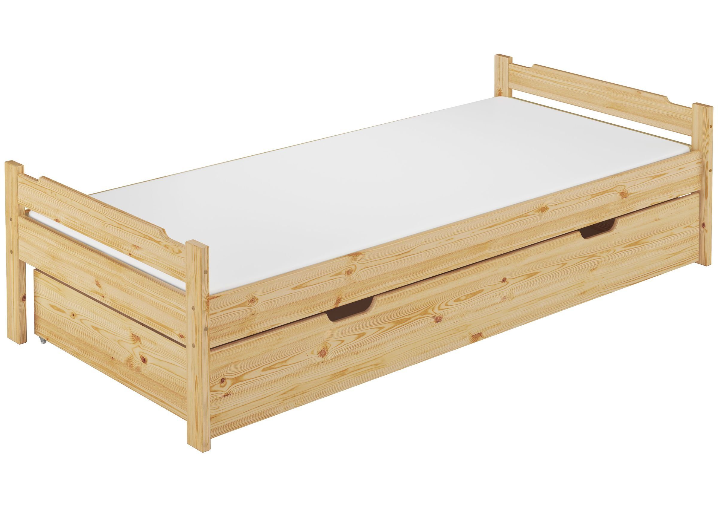 ERST-HOLZ Bett Robustes Holzbett Einzelbett Kiefer Massiv 90 x 200 cm, Kieferfarblos lackiert