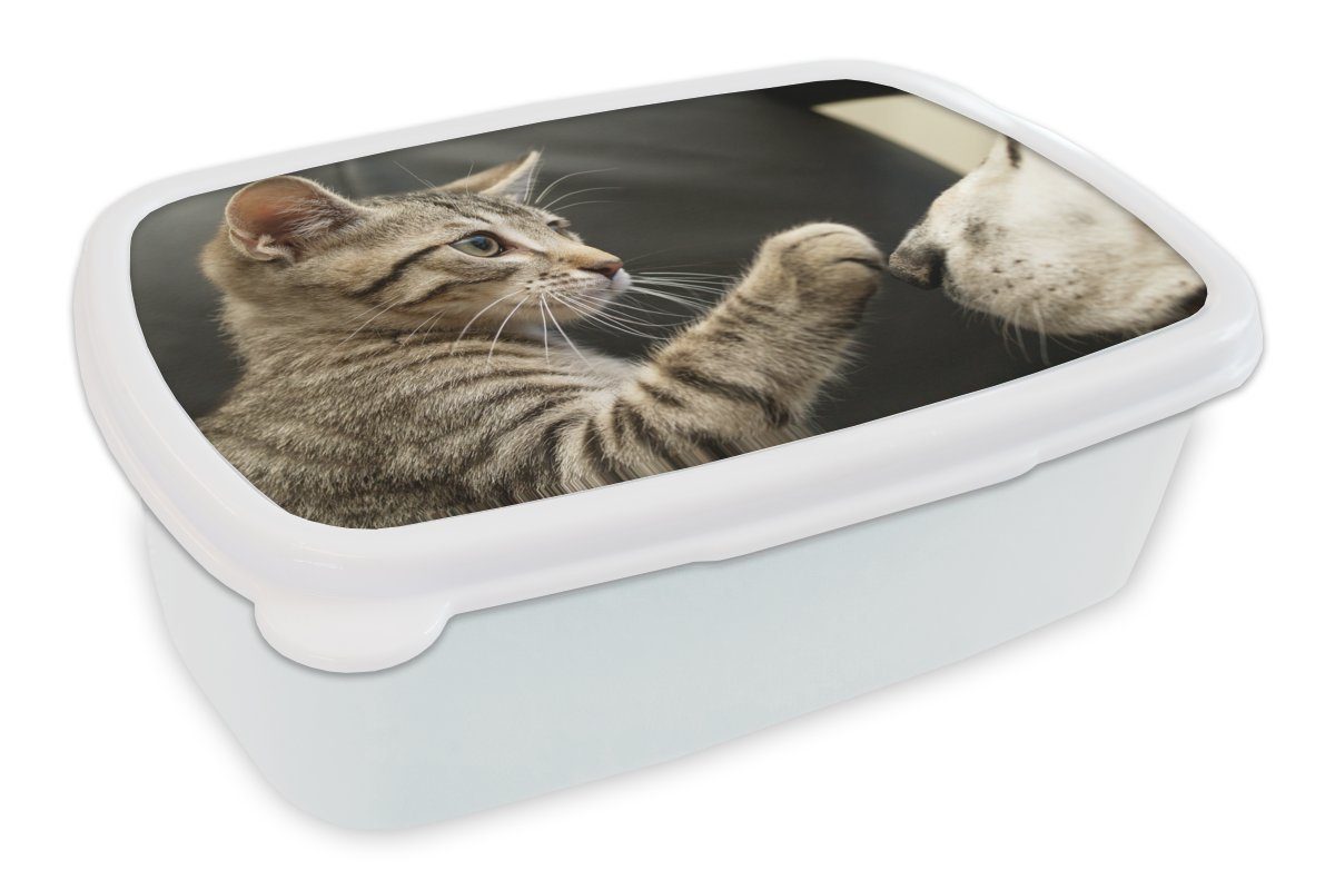 MuchoWow Lunchbox Katze - Hund - Pfote, Kunststoff, (2-tlg), Brotbox für Kinder und Erwachsene, Brotdose, für Jungs und Mädchen weiß