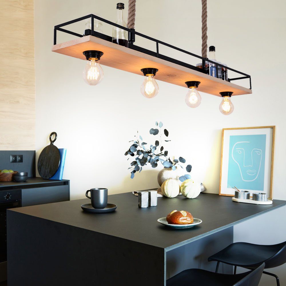etc-shop Hängeleuchte, Hängelampe Holzleuchte Deckenleuchte Wohnzimmer Pendelleuchte mit Hanfseil, Metallrahmen mit Ablage schwarz, 4x E27, LxH 95x120 cm