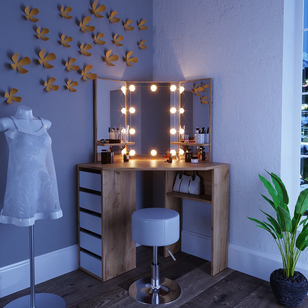Schminktisch Arielle, Goldkraft Eiche/Weiß, 110 cm mit LED Beleuchtung und Hocker