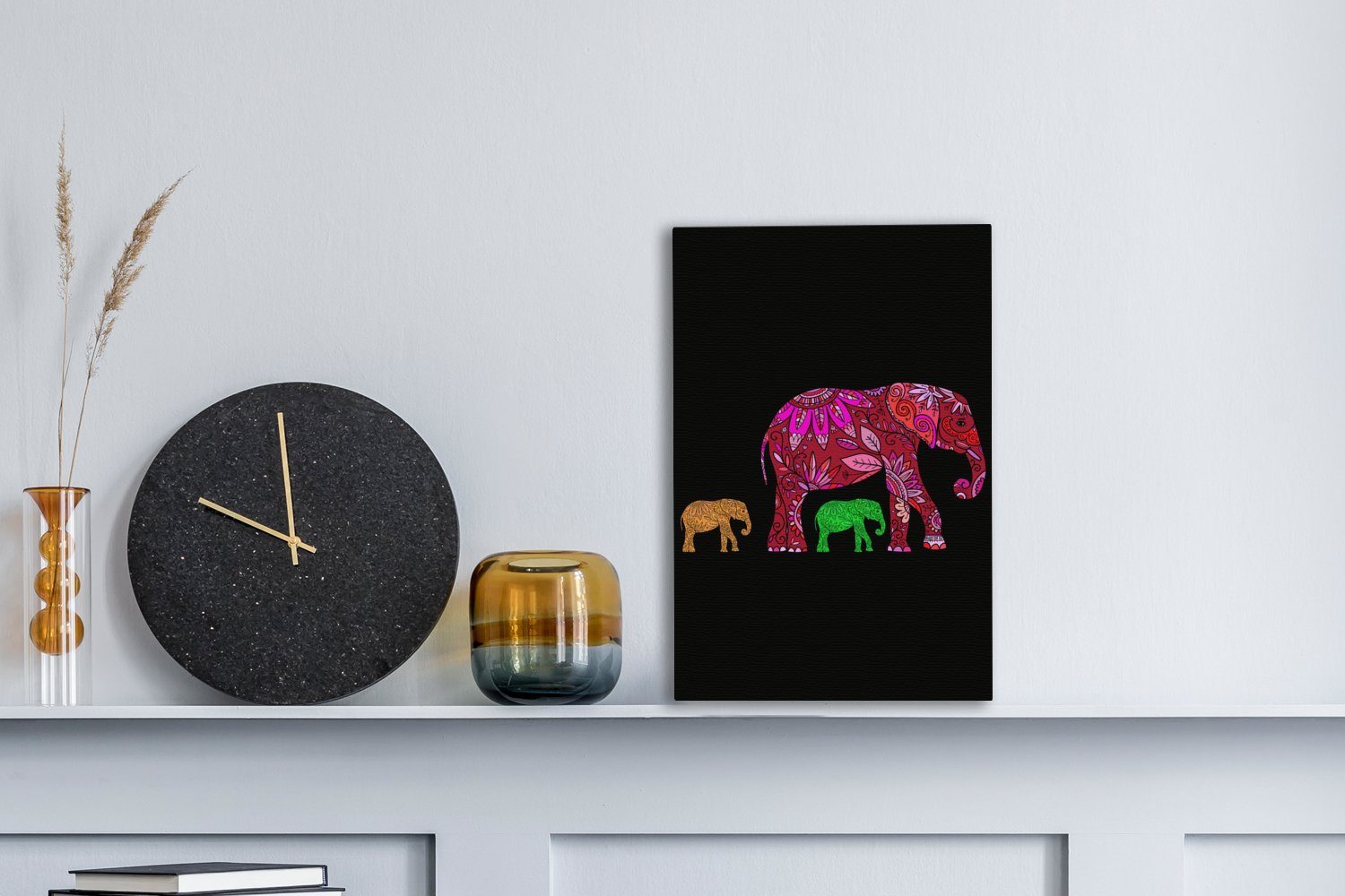 Gemälde, St), cm - Tiere Leinwandbild Blumen, Zackenaufhänger, 20x30 fertig - - Elefant bespannt Muster OneMillionCanvasses® inkl. (1 Leinwandbild