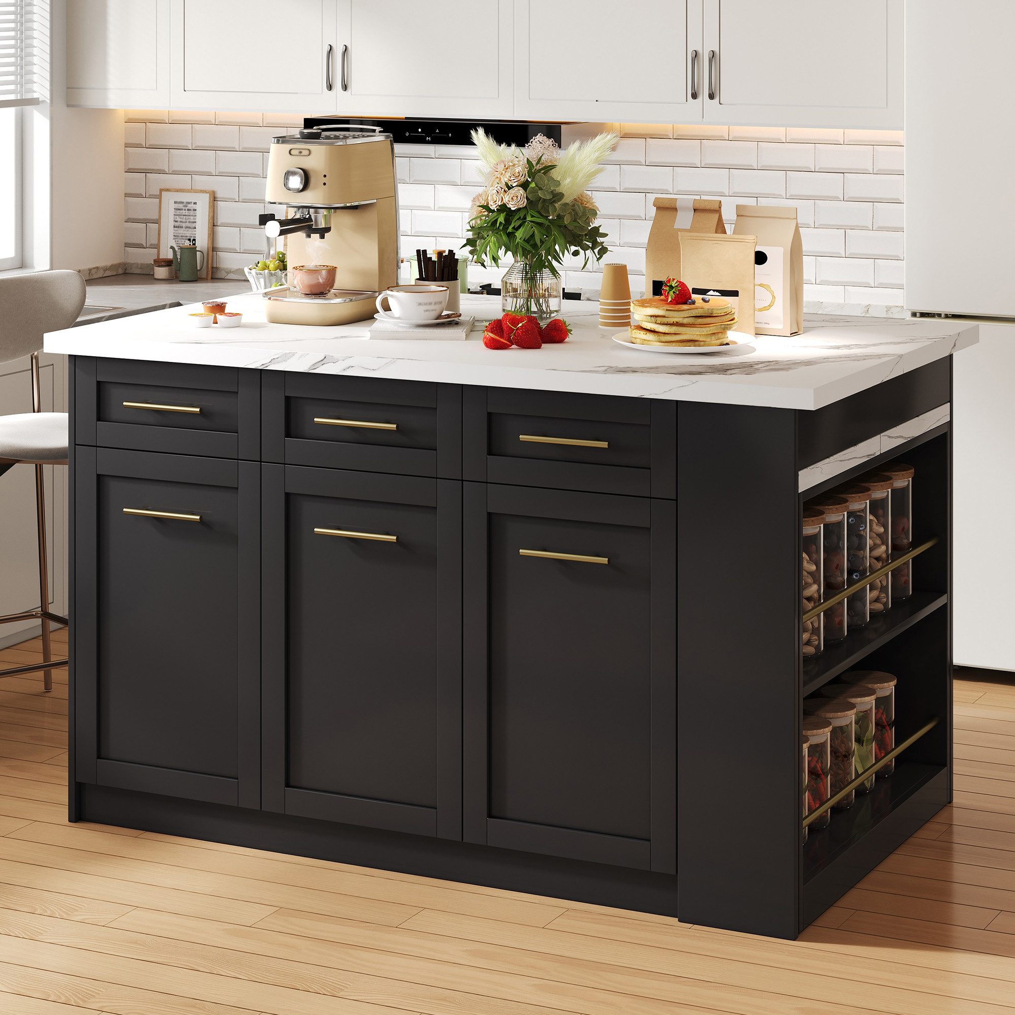 Odikalo Kücheninsel mit Arbeitsplatte, Esstisch mit Stauraum, (Multifunktionale Kücheninsel mit 150cm+96cm, schwarzen ausziehbarer Esstisch, Weißes marmorierte Holzarbeitsplatte/Tisch, integrierte Stauschränke, ideal für Familienküchen, Potluck Dinners)