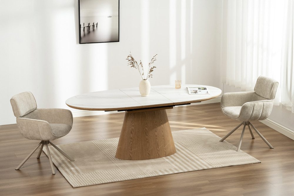 riess-ambiente Esstisch UNIQUE 160-200cm weiß / natur - Keramik, Echtholzfurnier, ausziehbar (Einzelartikel, 1-St), Ovaler Tisch · Eichenholz · Marmor-Design · modern · 8 Personen · edel