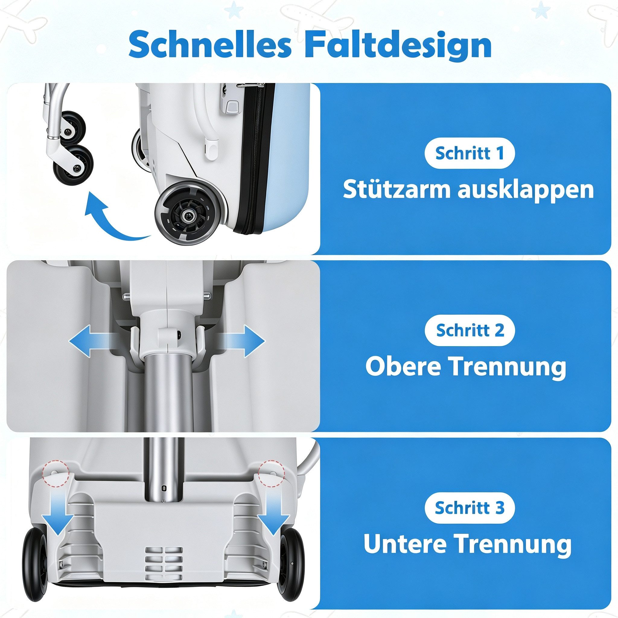 Rutaqian Kinderkoffer Kinderkoffer zum Draufsitzen, 20 Zoll, 45L, 4 Rollen, Ride-On, Abnehmbarer Sitzrahmen mit Sicherheitsbügel, bis 50 kg – Bild 5 von 5