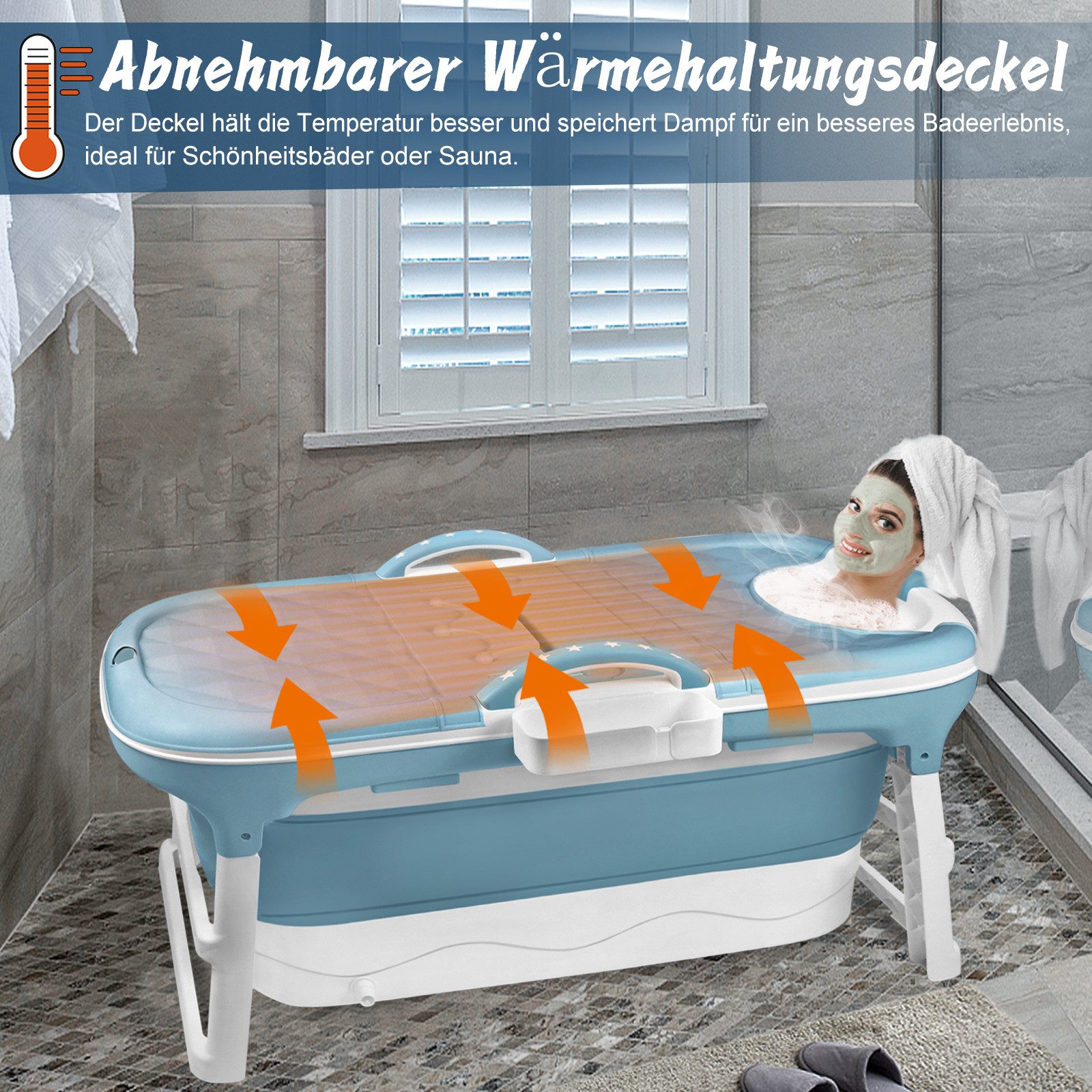 FIVMEN Badewanne Faltbare Badewanne XXL Ideal für Badezimmer, Dusche und Balkon, (Packung), Mit Abdeckung & Massagerollen, Seifenkorb, dicker Kunststoff tragbare