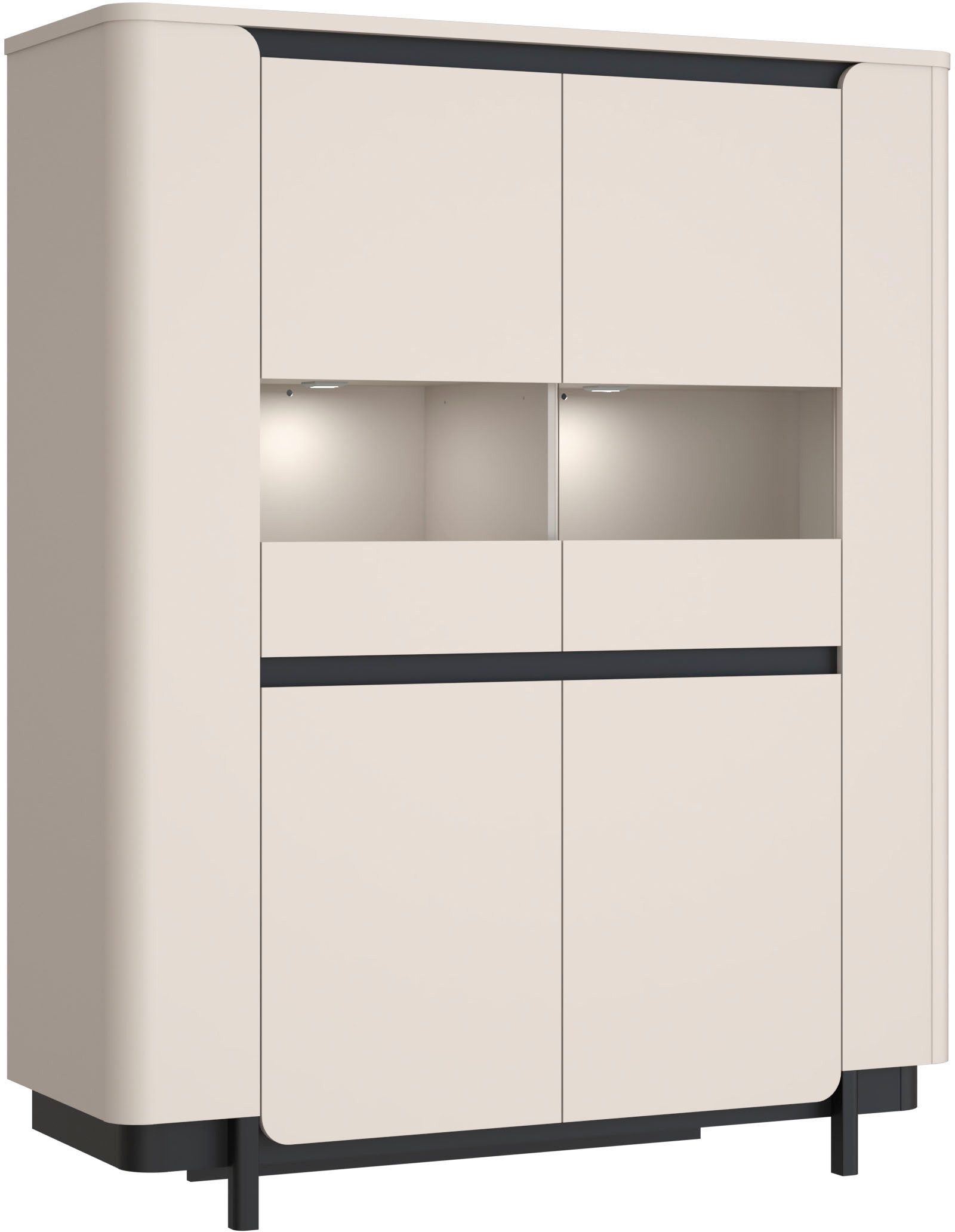 FORTE Vitrine Vodol Highboard, Glatüren, abgerundete Kanten