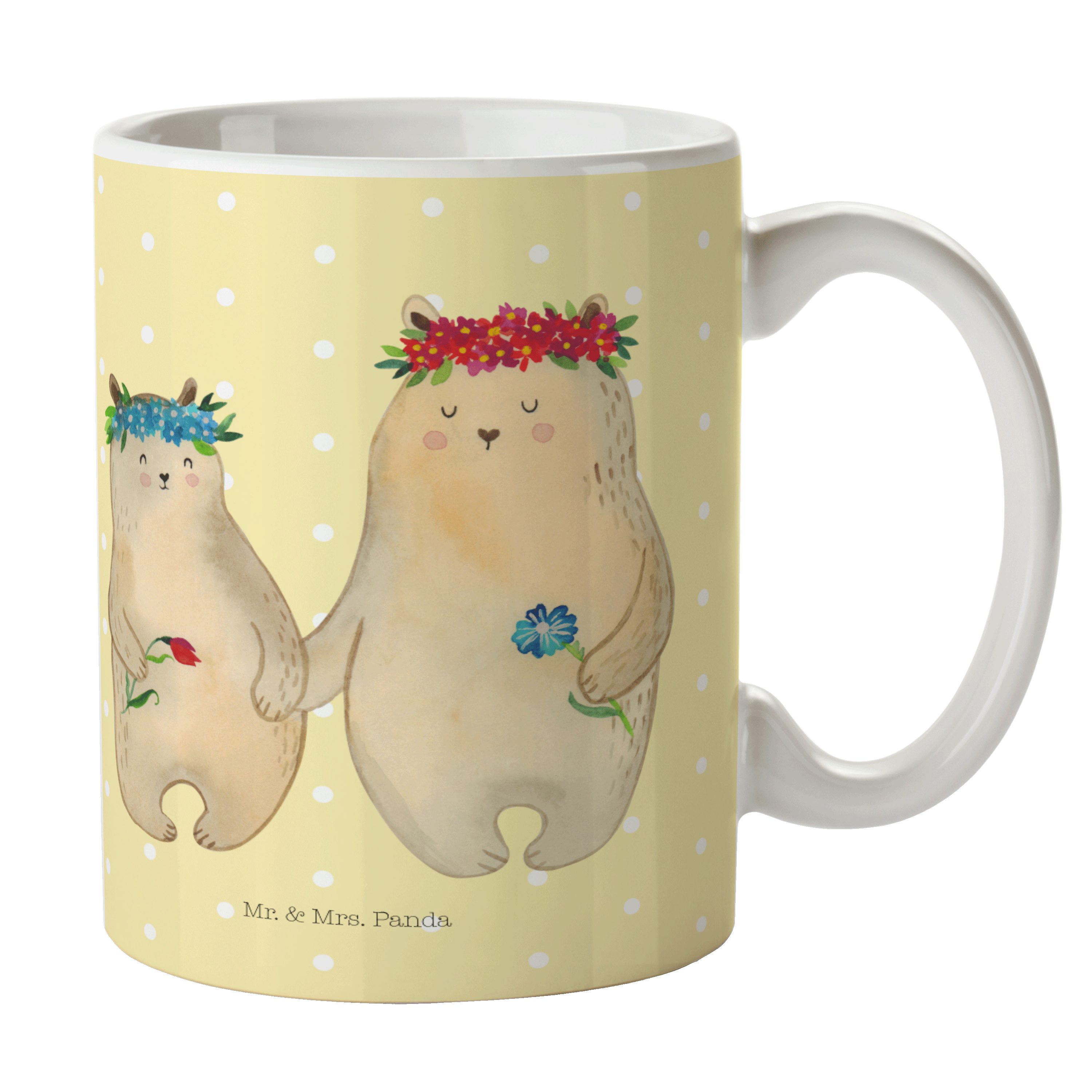 Mr. & Mrs. Panda Tasse Bären mit Blumenkranz - Gelb Pastell - Geschenk, beste Freundin, Schw, Keramik