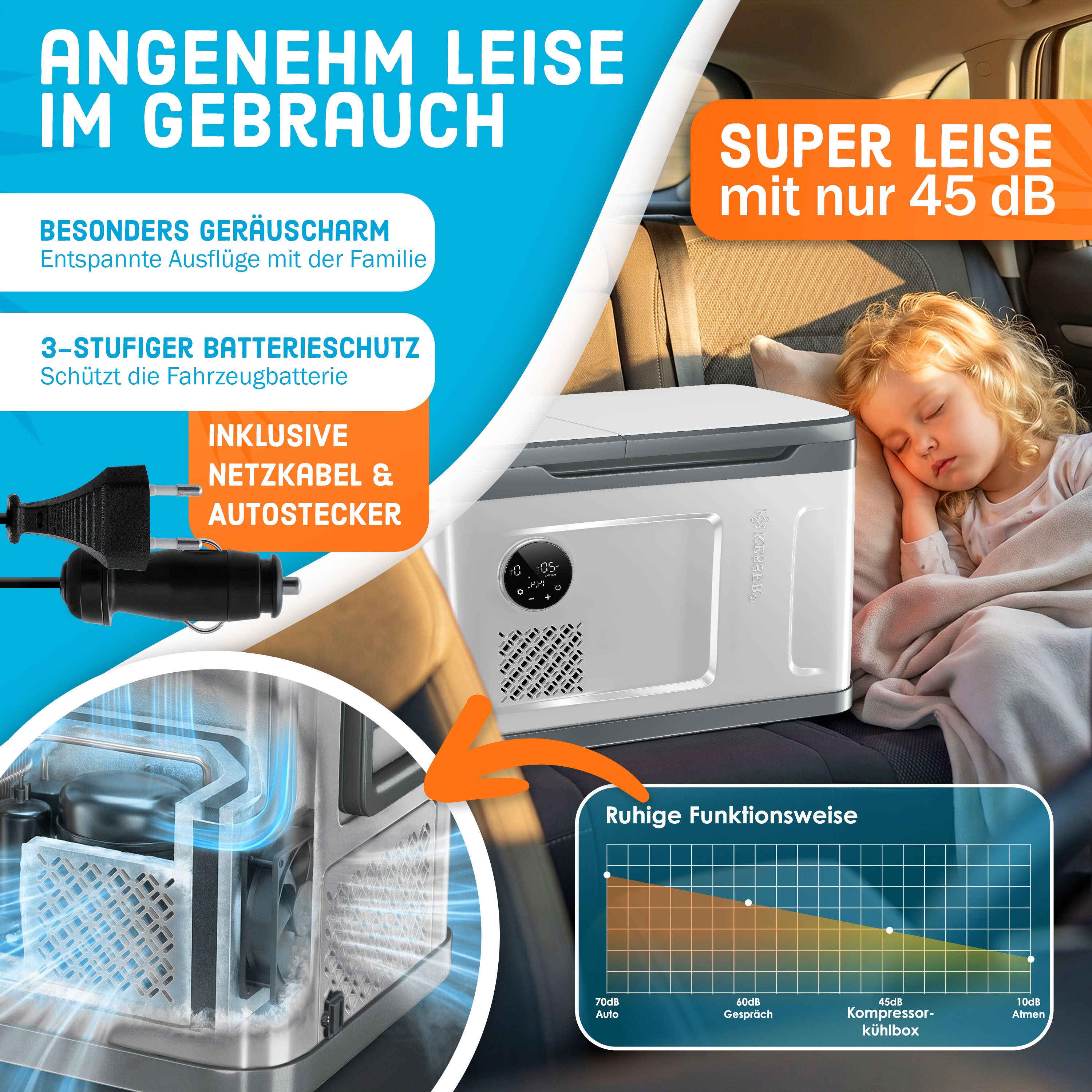 KESSER Kühlbox Kompressor 2in1 Doppelzone Kühl & Gefrierfach elektrische Gefrierbox, 40 l, mit 2x Kühlakkus & LED-Touch-Bedienung Kühlschrank bis -20 °C – Bild 5 von 5