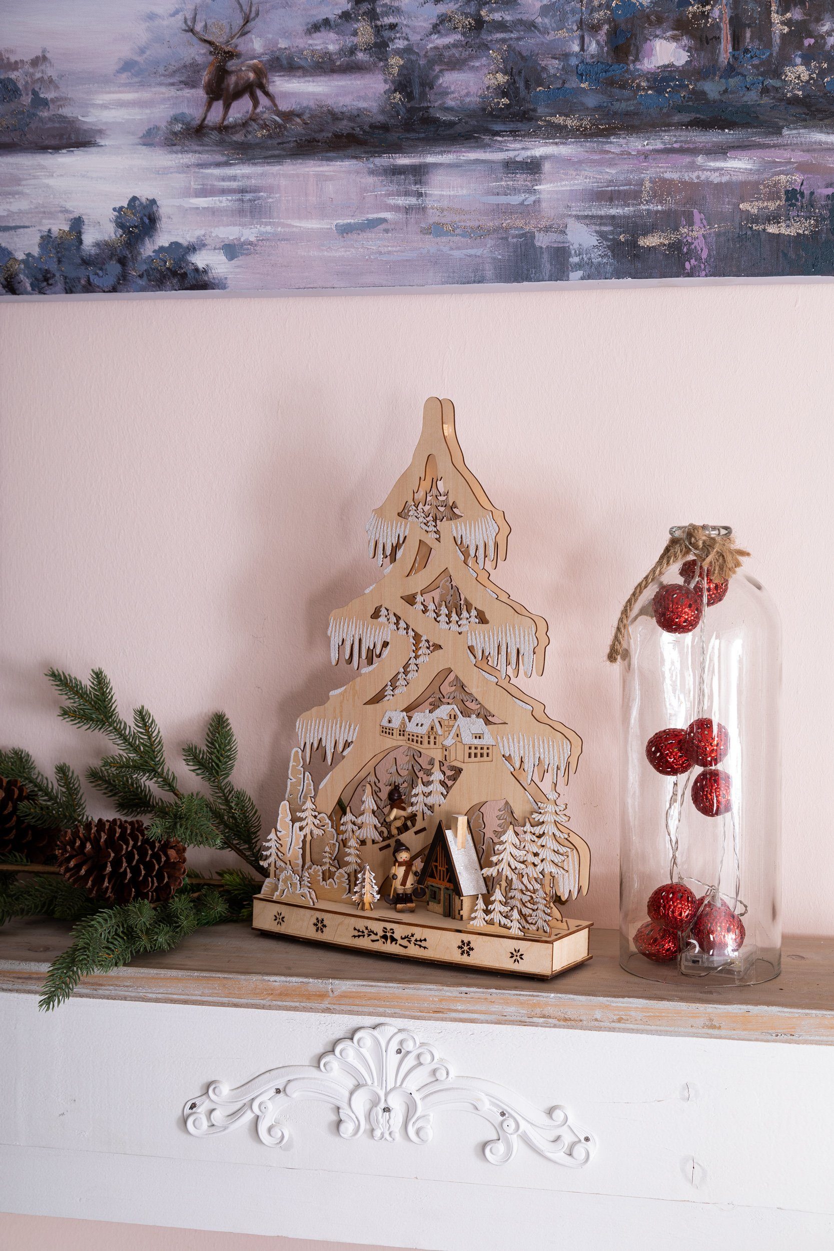 Wohnando Weihnachtsdorf Beleuchteter Deko-Weihnachtsbaum aus Holz, Winterliche Dekoration