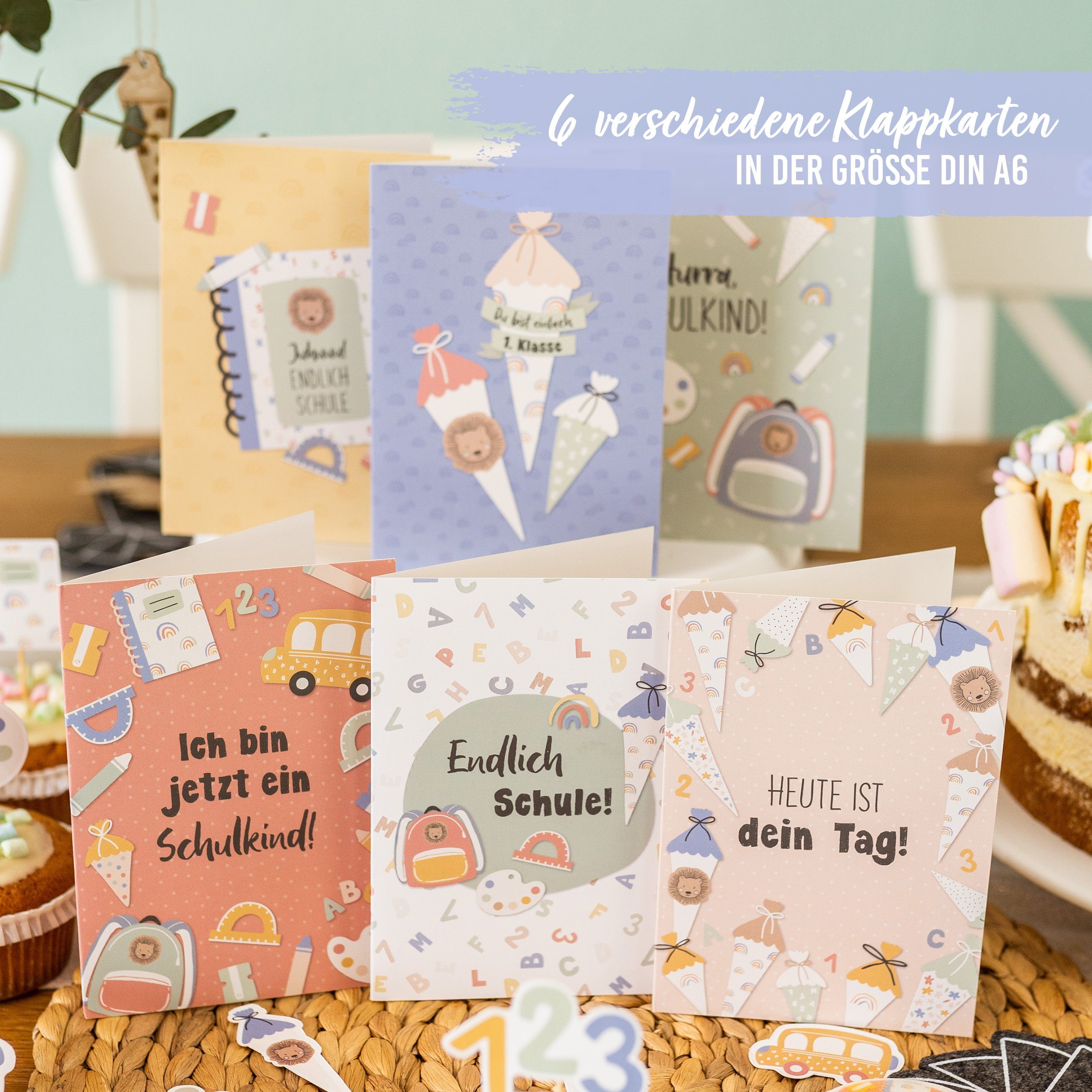 PAPIERDRACHEN Schulanfangskarte 6 Klappkarten zur Einschulung - Grüße für das Schulkind, inkl. Umschlag in Kraftpapieroptik