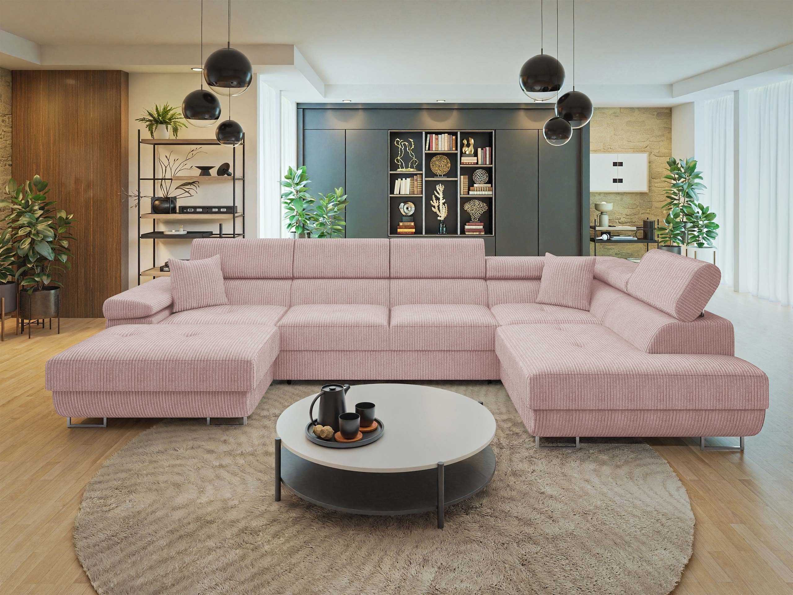 MIRJAN24 Wohnlandschaft Torezio Bis Cord, mit Bettkasten und Schlaffunktion, Einstellbare Kopfstützen, 346x203x70-90 cm, U-Form