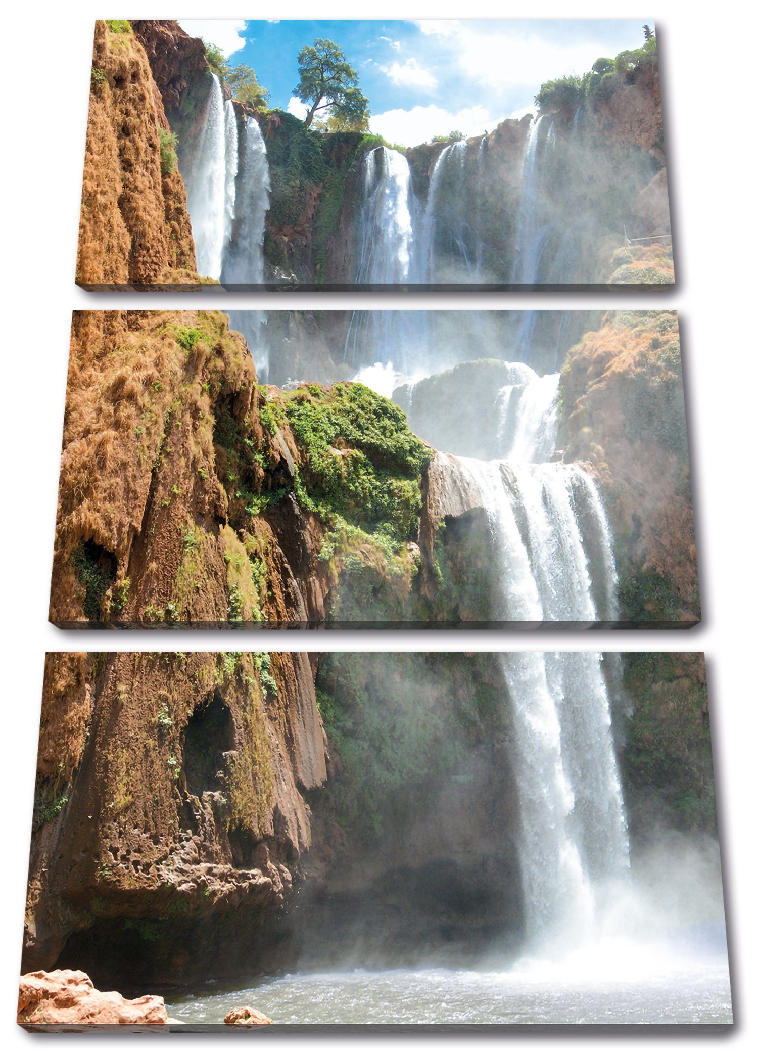 fertig Zackenaufhänger Leinwandbild (120x80cm) Wasserfall inkl. bespannt, Wasserfall, (1 3Teiler Leinwandbild Spektakulärer St), Pixxprint Spektakulärer