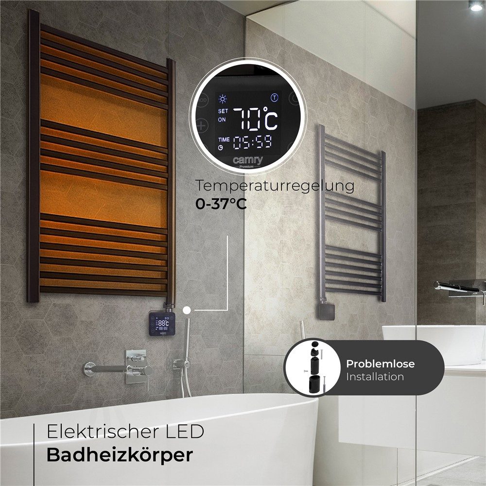 Camry Elektrischer Badheizkörper CR 7822 Wand-Handtuchheizkörper mit LED-Touchpanel, Timer, 14 Sprossen, Handtuchtrockner für Bad 5-6 m², IP24, schwarz