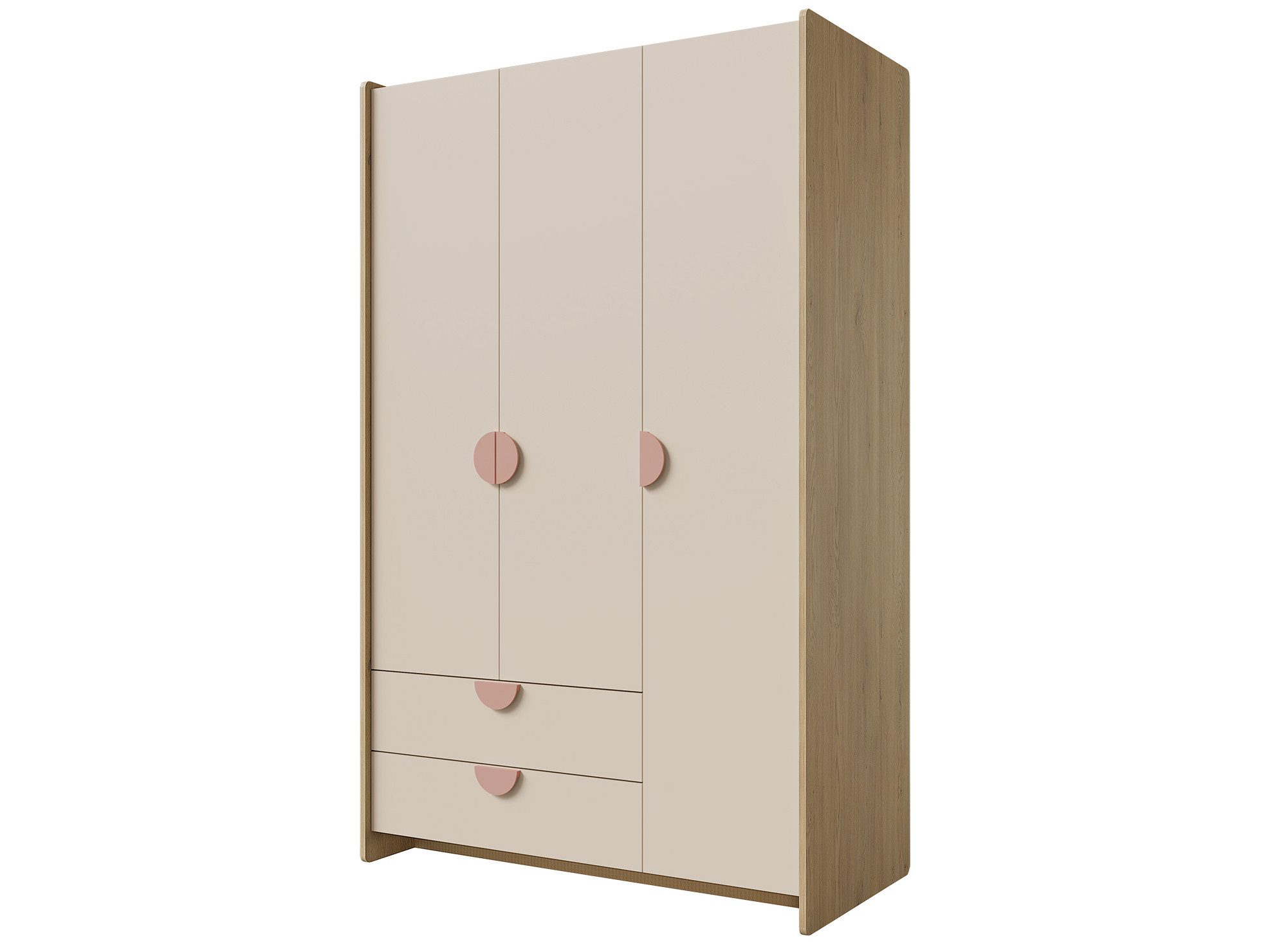 Beautysofa Kleiderschrank LENA mit 3 Türen und 2 Schubladen (Breite: 123 cm, Schrank für Kinder und Jugendliche) Eiche Cremona/Macadamia/Puderrosa