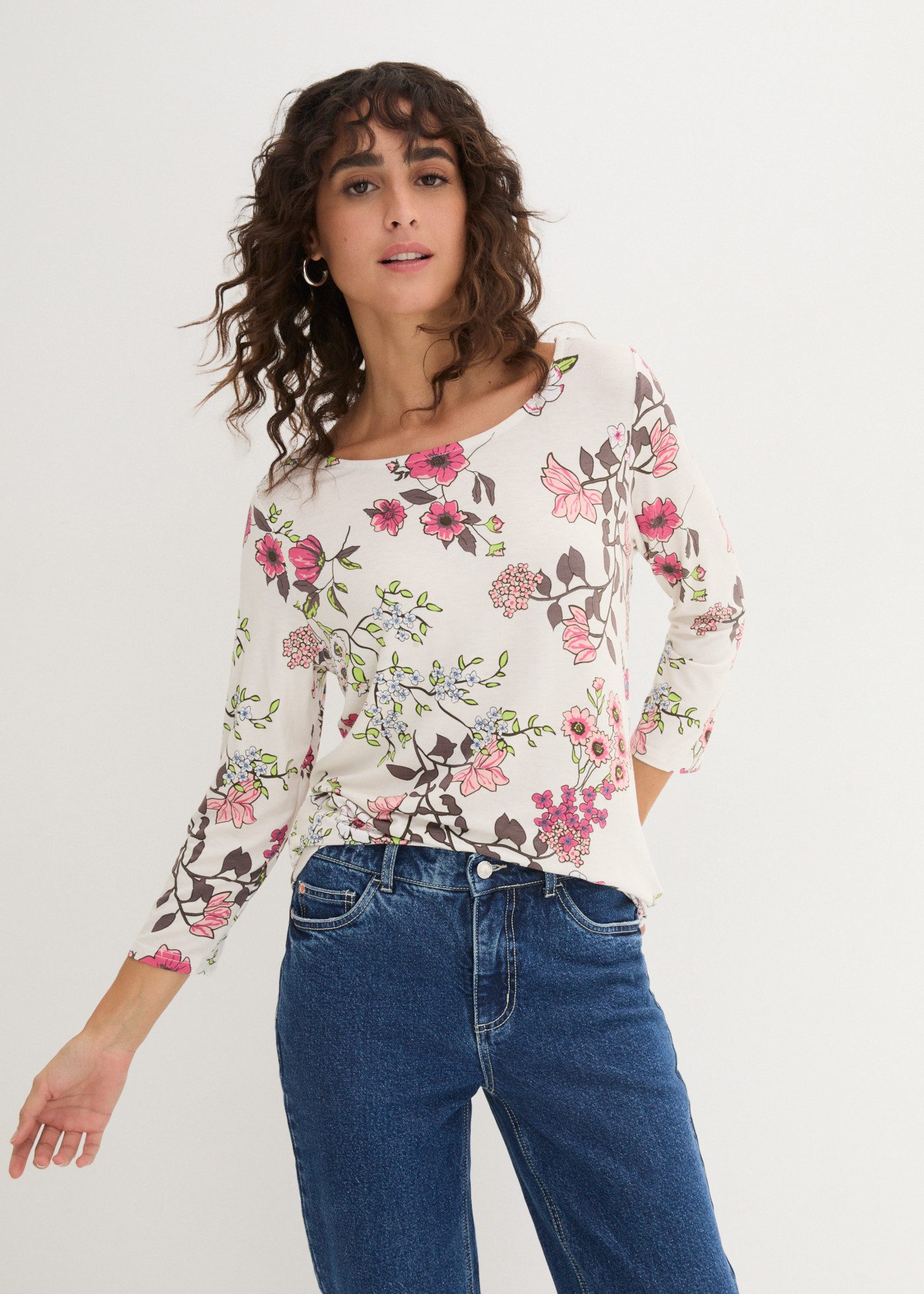 bonprix T-Shirt aus Viskose, mit Blumendruck, loose fit, 3/4-Ärmel
