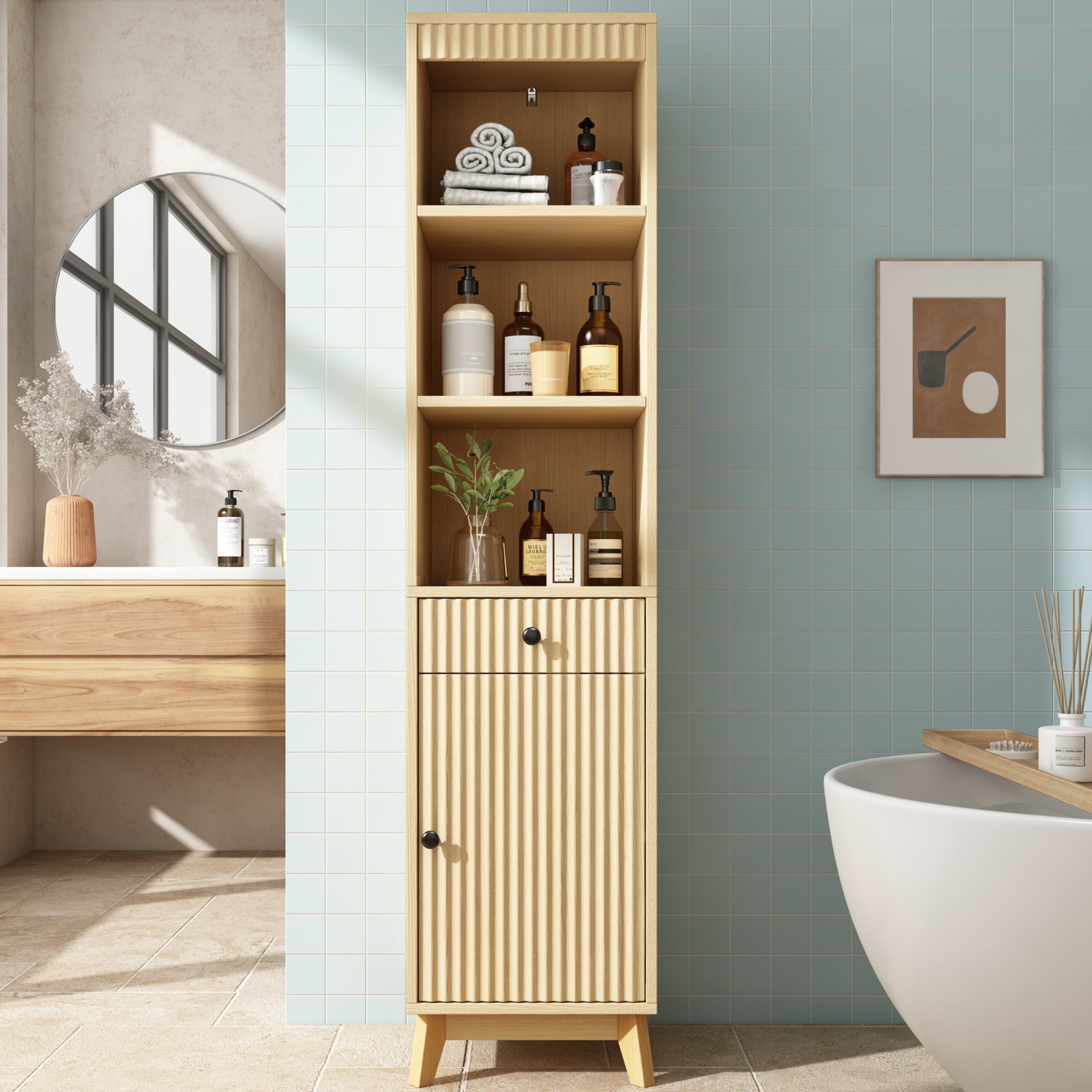 Merax Badkommode freistehend Hochschrank Badezimmerschrank mit Soft-Close & Kippschutz (40 × 36 × 172 cm, 1 St), Badschrank mit Schublade,offenen Ablagen,Tür mit Links-Rechts-Anschlag