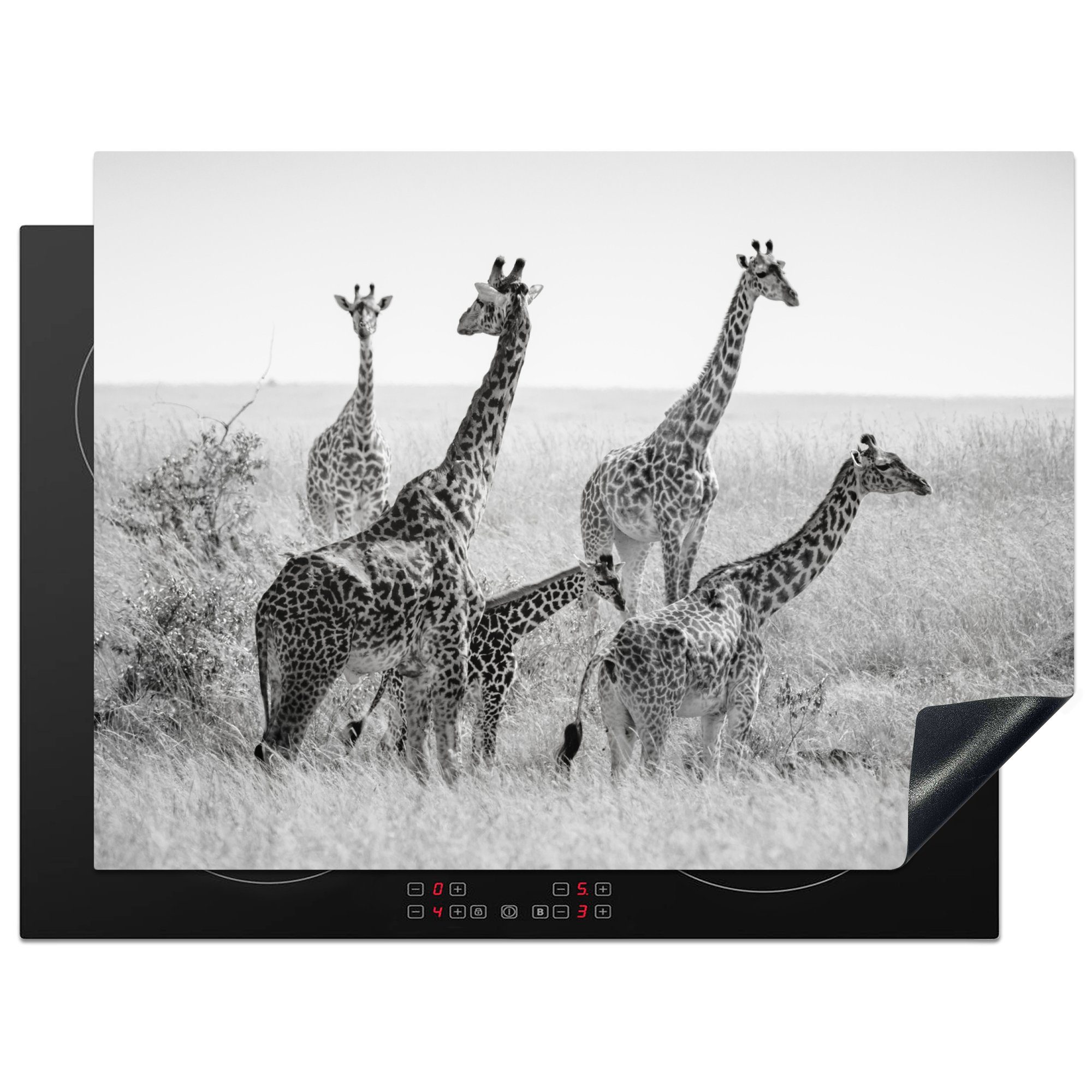 Weiß, und Giraffenfamilie Ceranfeldabdeckung cm, in 70x52 nutzbar, Mobile Schwarz MuchoWow Vinyl, (1 Herdblende-/Abdeckplatte tlg), Arbeitsfläche
