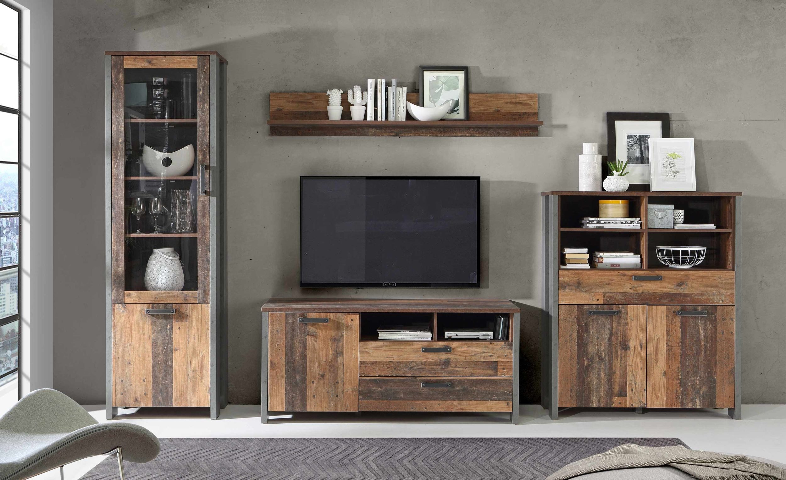 FORTE Wohnwand Wohnkombination Wohnzimmer Set CLIF, 4-tlg. - Optik: Old Wood Vintage, (Komplett-Set, 4-St., Vitrine, TV-Board, Highboard, Wandregal)