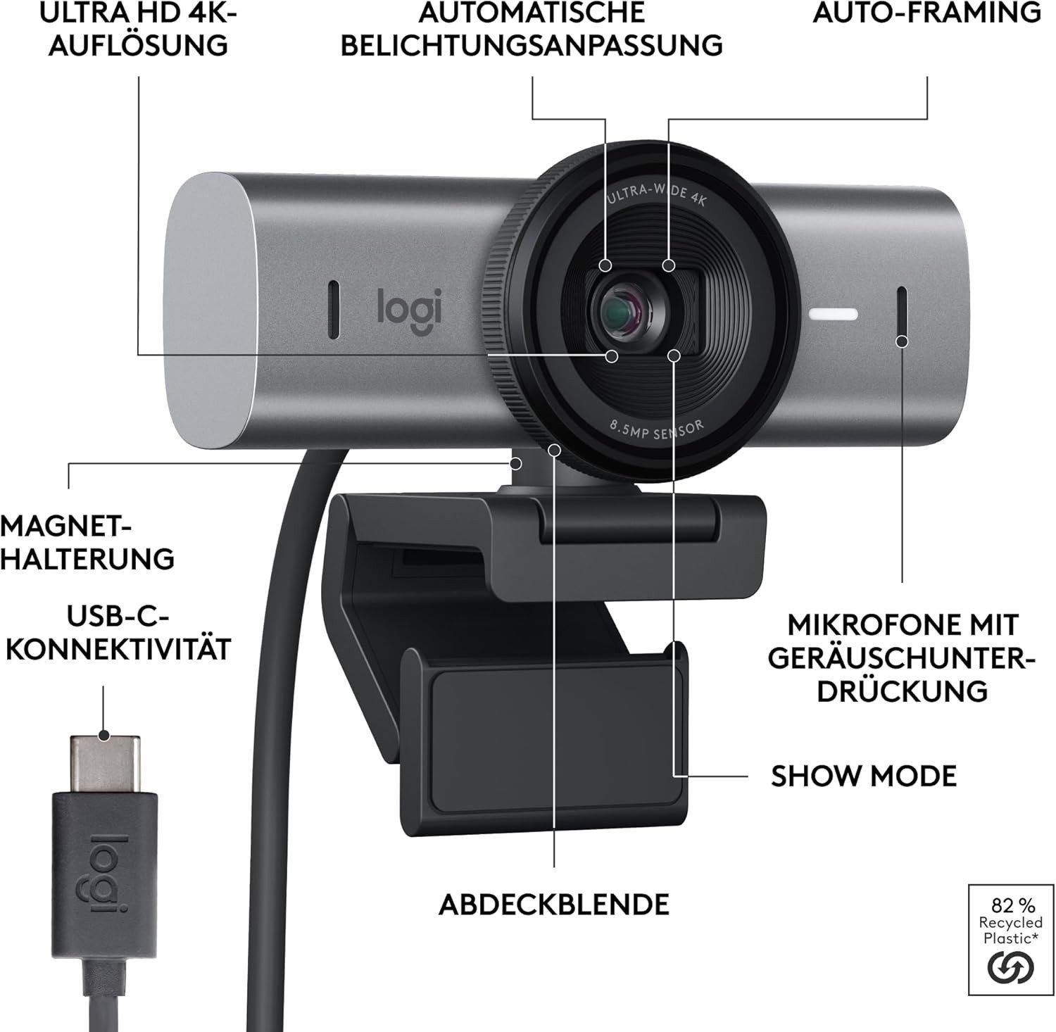 Logitech MX Brio 4K Ultra HD mit Dual-Mikrofonen, Autofokus-Show Mode, schwarz Full HD-Webcam