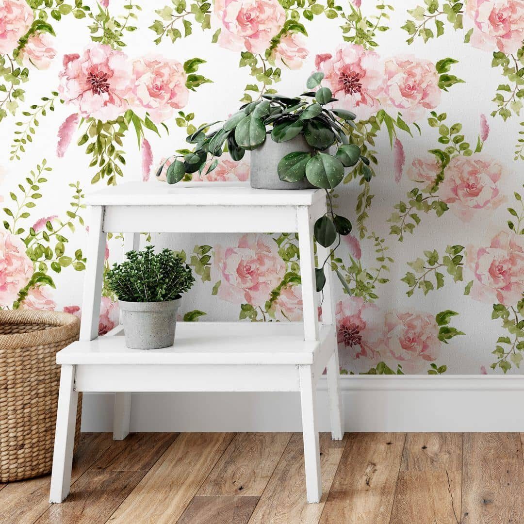 K&L Wall Art Mustertapete Vintage Blumentapete Rosa Blüten Vliestapete Frühling Botanik, Frühlingsblüten Tapete