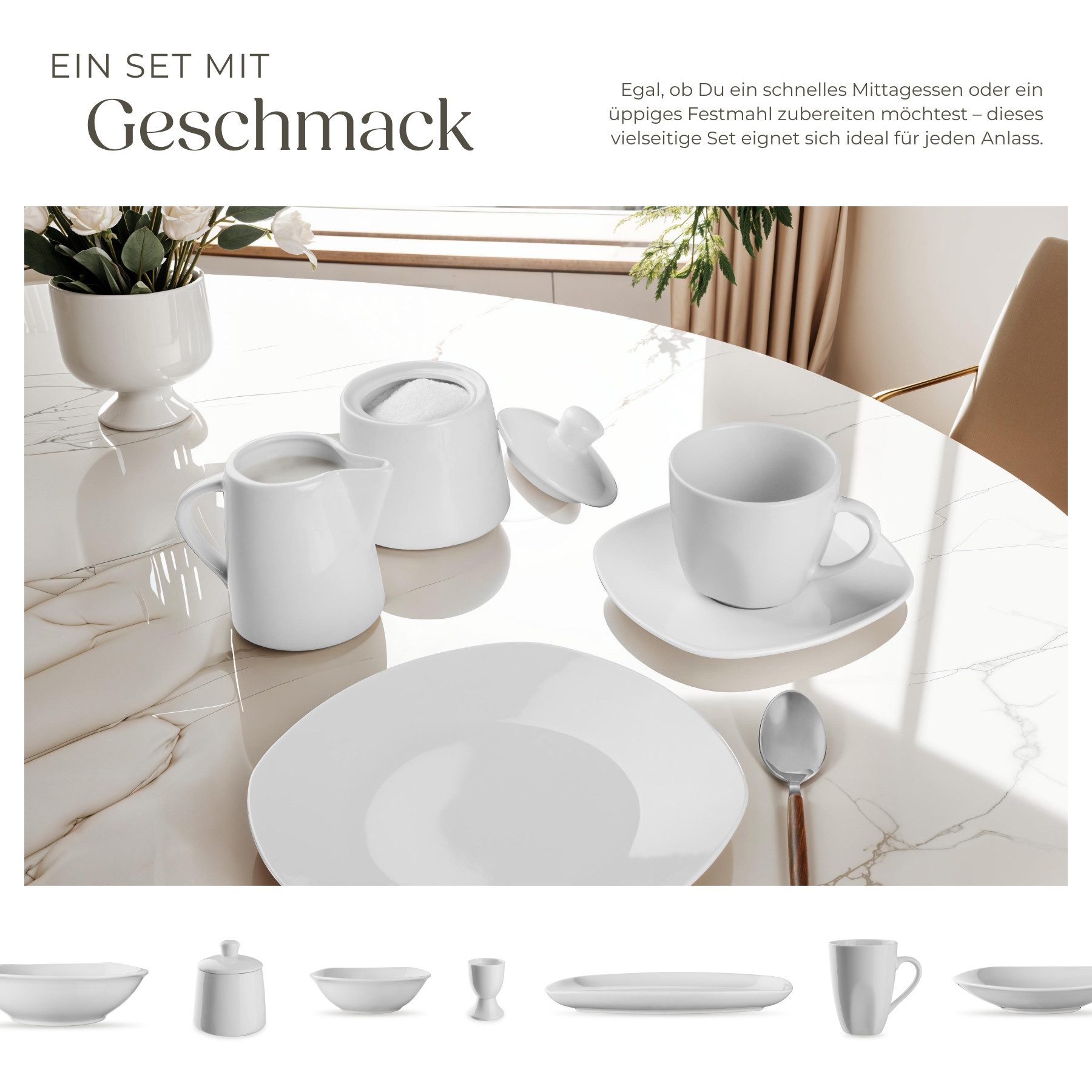 tectake Geschirr-Set Tafelservice 100-teilig für 12 Personen, ineinander stapelbar (100-tlg), 12 Personen, Porzellan, aus Porzellan, mit Glasur, spülmaschinen-  – Bild 4 von 5