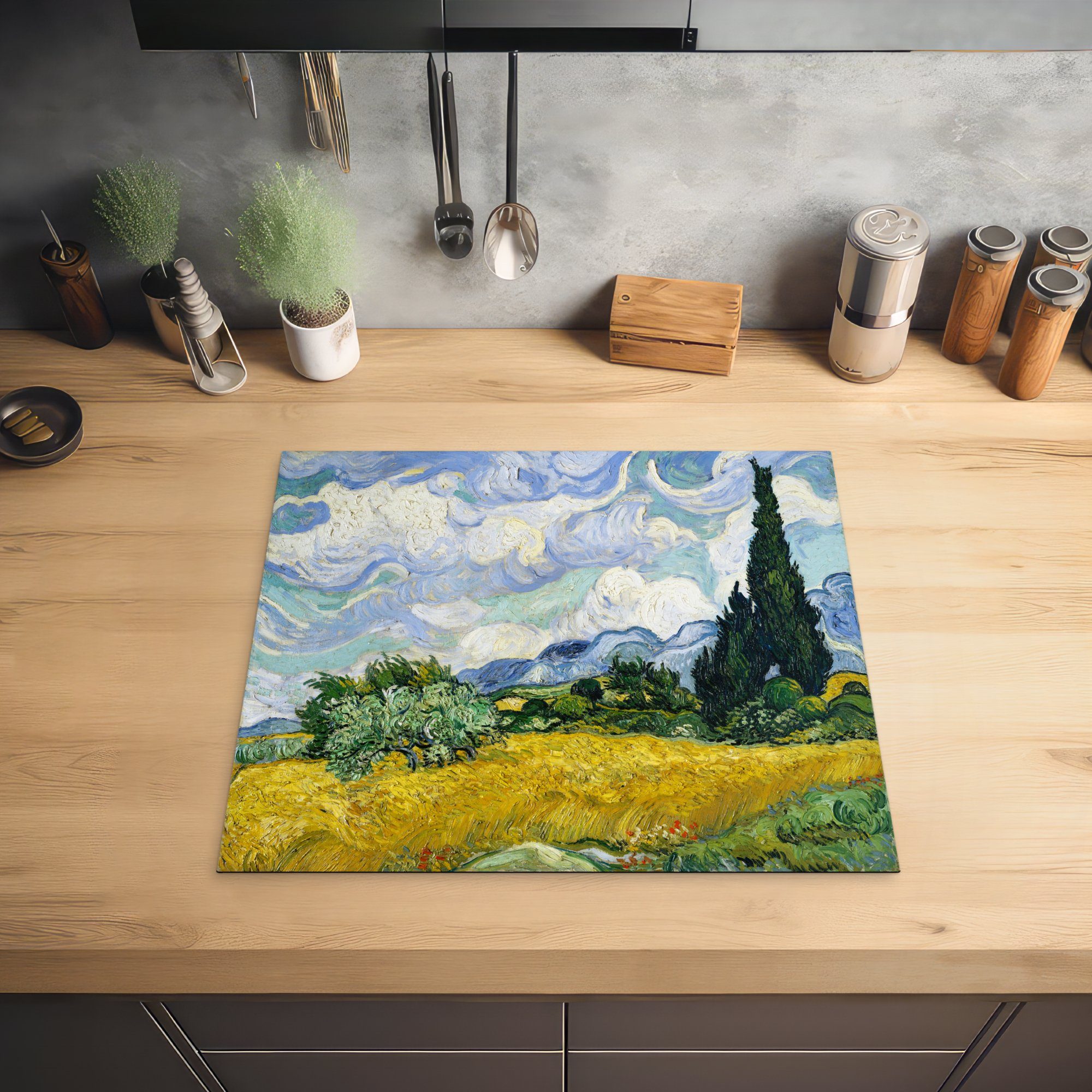 Gogh, Herdblende-/Abdeckplatte van Vinyl, Weizenfeld Vincent MuchoWow die küche, (1 Ceranfeldabdeckung Zypressen cm, tlg), Induktionsmatte - mit 59x52 für