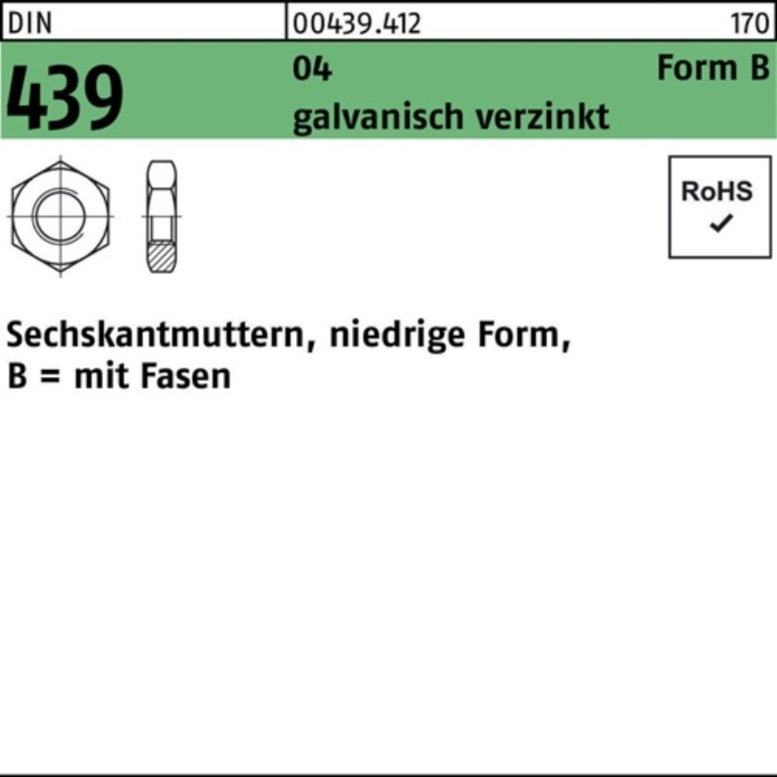 Reyher Muttern 100er Pack Sechskantmutter DIN 439/ISO 4035 FormB BM 6 Automatenstahl