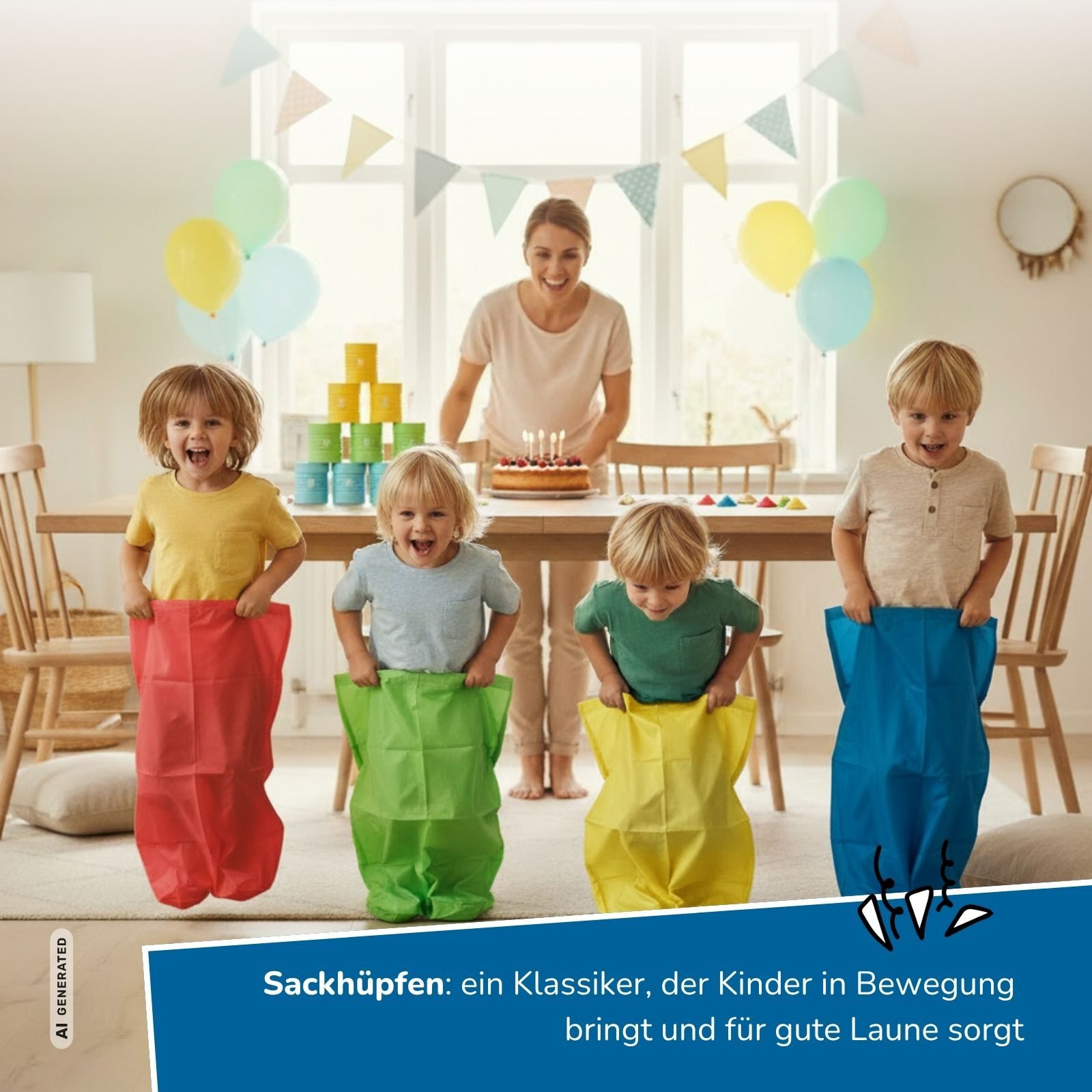 alldoro Spielesammlung Partyspiele Set für Kinder, Spielesammlung für Kindergeburtstag, 18-teilig mit Sackhüpfen, Eierlauf, Säckchen werfen und Dreibeinlauf