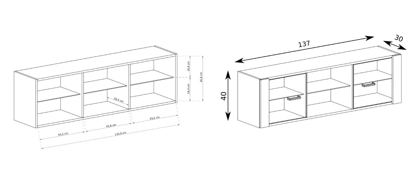 Beautysofa Wandhängeschrank Polis I-21, Glastüren, Breite 137 cm + optionale LED-Beleuchtung