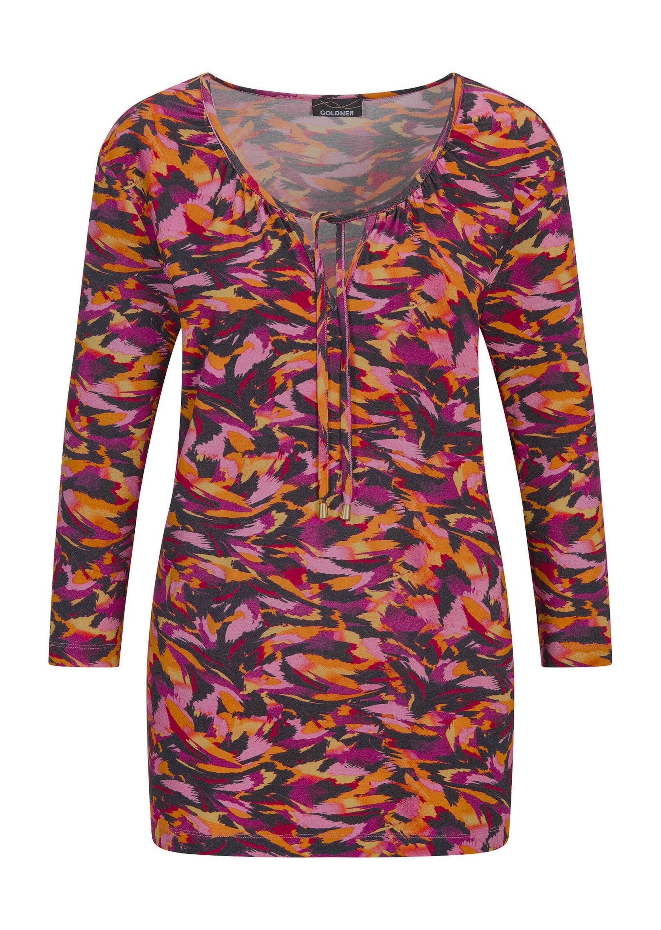 GOLDNER Print-Shirt Kurzgröße: Florales Viskoseshirt mit Rundhals Jerseyshirt mit Allover-Print, geschlitztem Ausschnitt und 3/4-Ärmeln