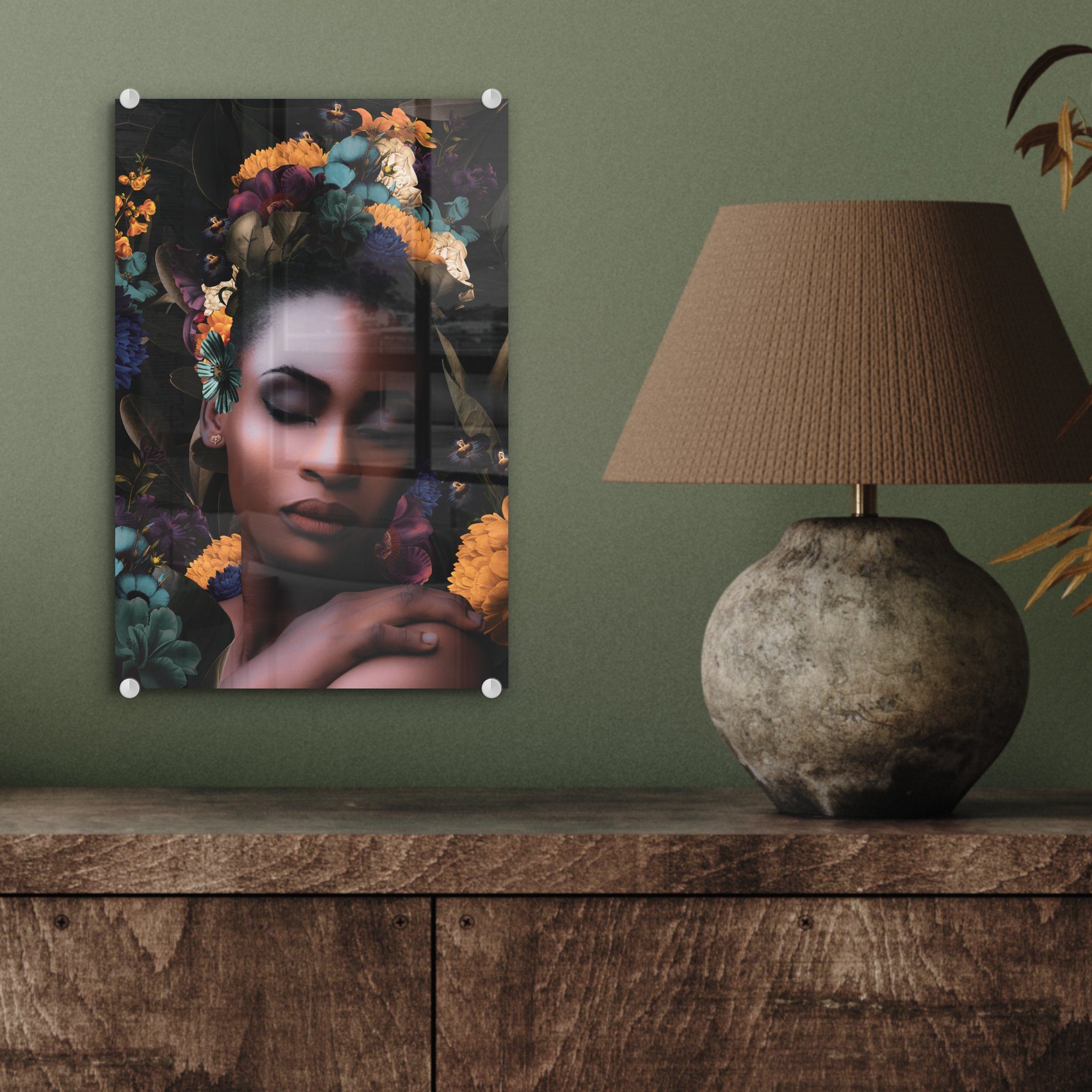 - Acrylglasbild Blumen Glasbilder Bilder Wanddekoration Glas Farbe, - St), MuchoWow auf Wandbild - auf - Foto - (1 Frauen Glas