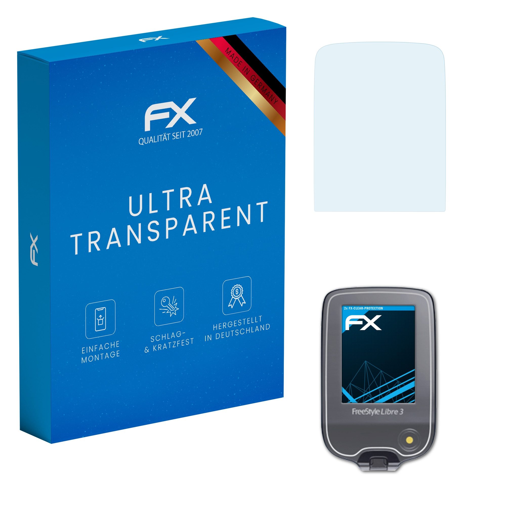 atFoliX Schutzfolie Displayschutz für FreeStyle Libre 3, (2 Folien), Ultraklar und hartbeschichtet
